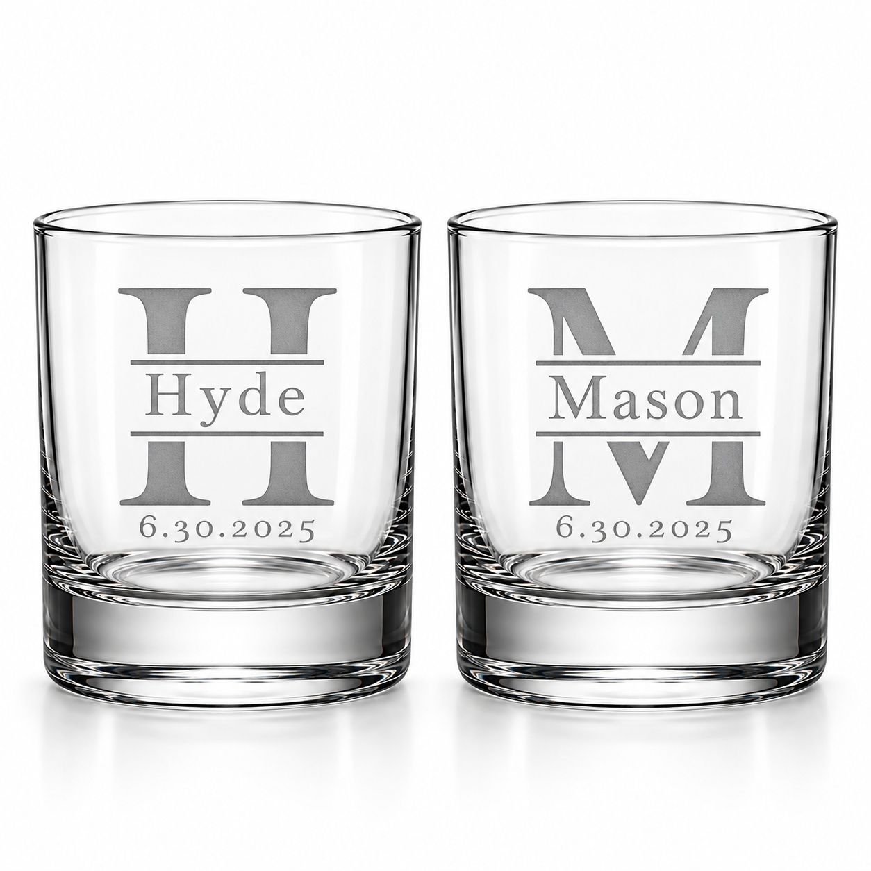 Personalized whiskey glass set with name, initial and optional date