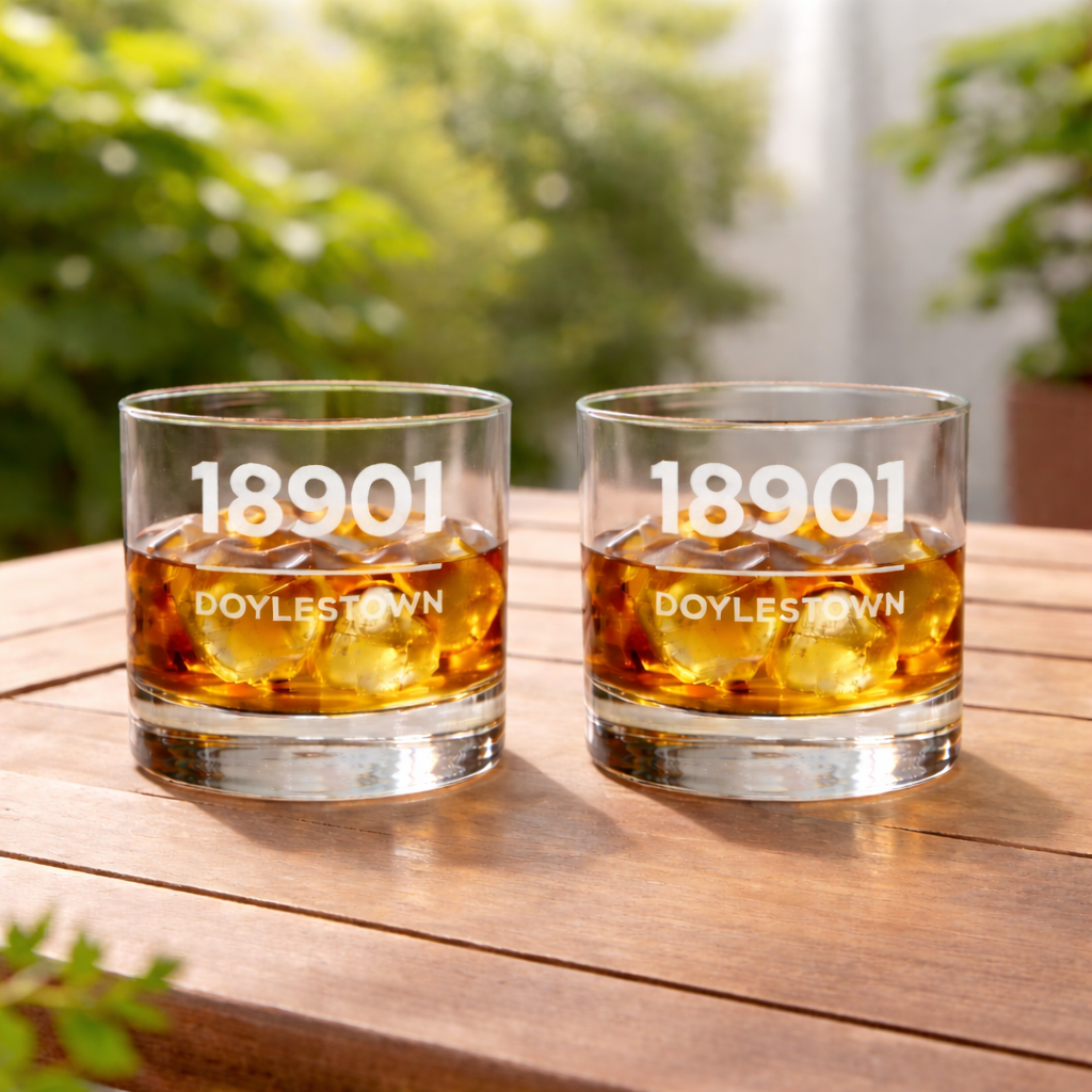 Two glasses of whiskey with ice on a wooden table, with an outdoor background of green trees and blurred foliage.