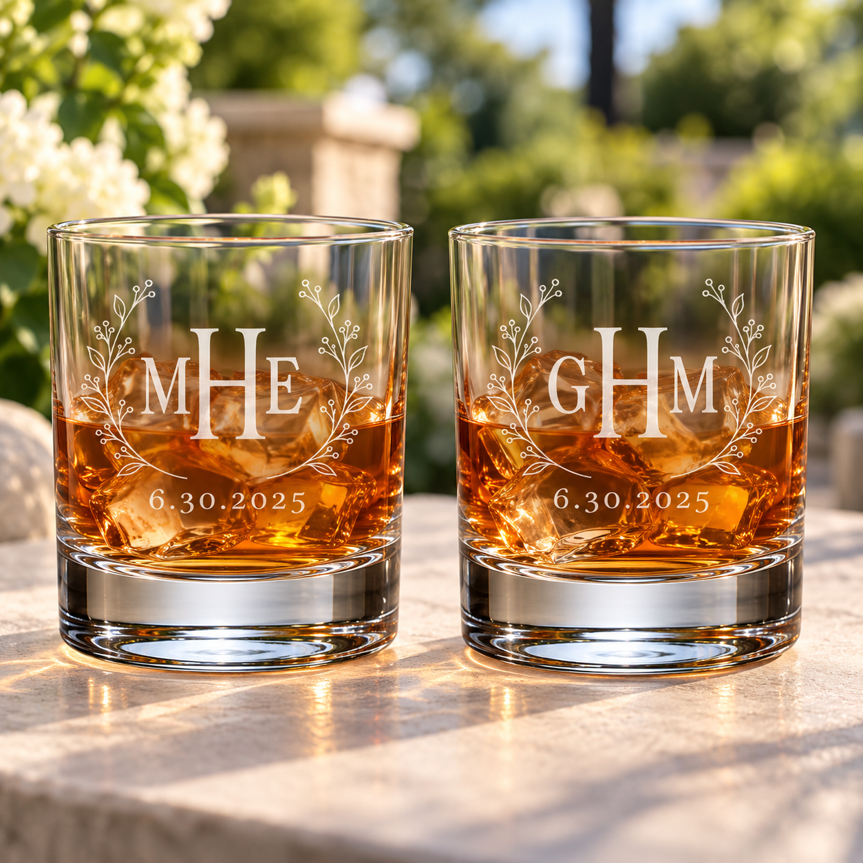 Personalized botanical wreath monogram whiskey glasses