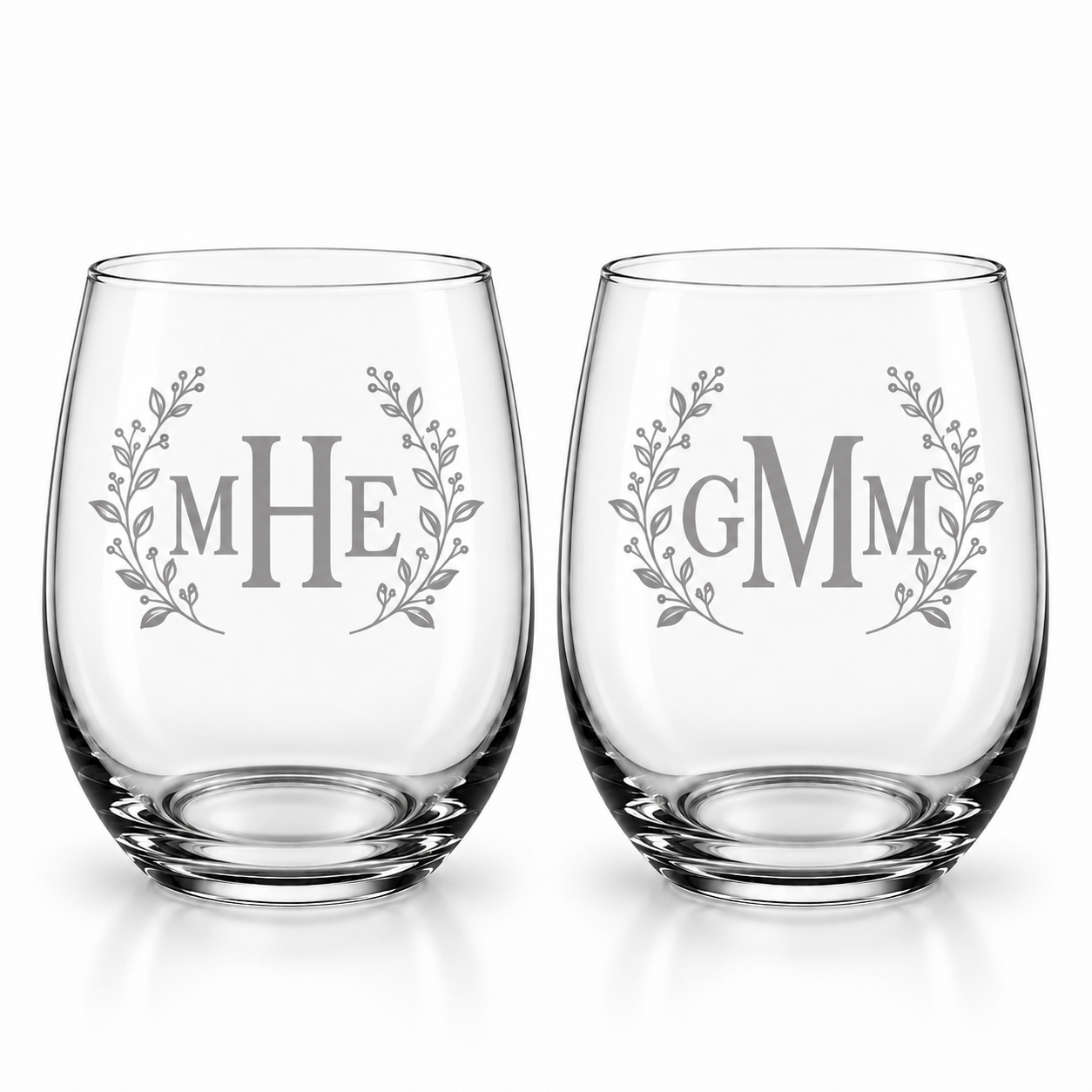 Botanical Wreath Monogram Stemless Wine Glass Set