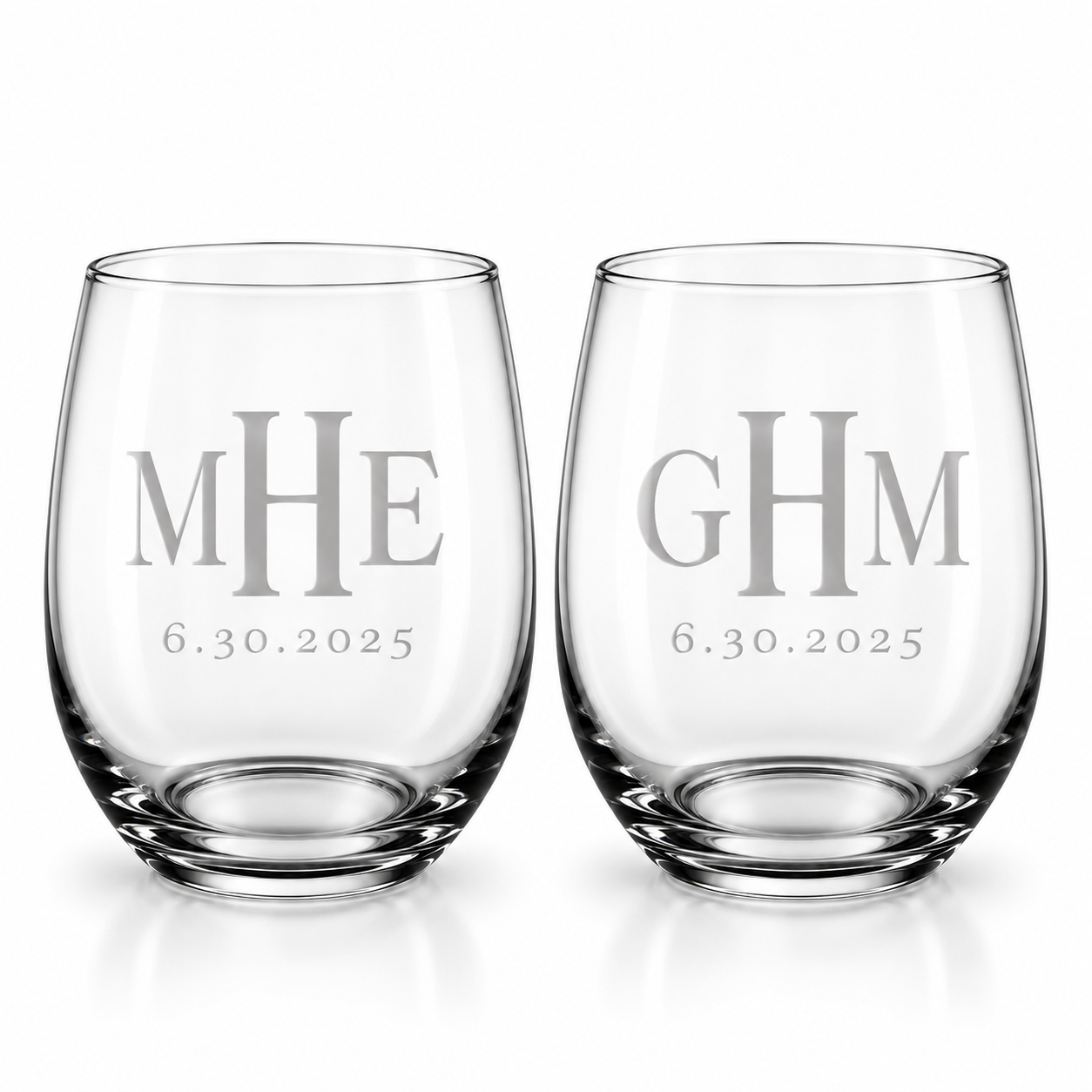 Classic monogram stemless wine glasses with optional date