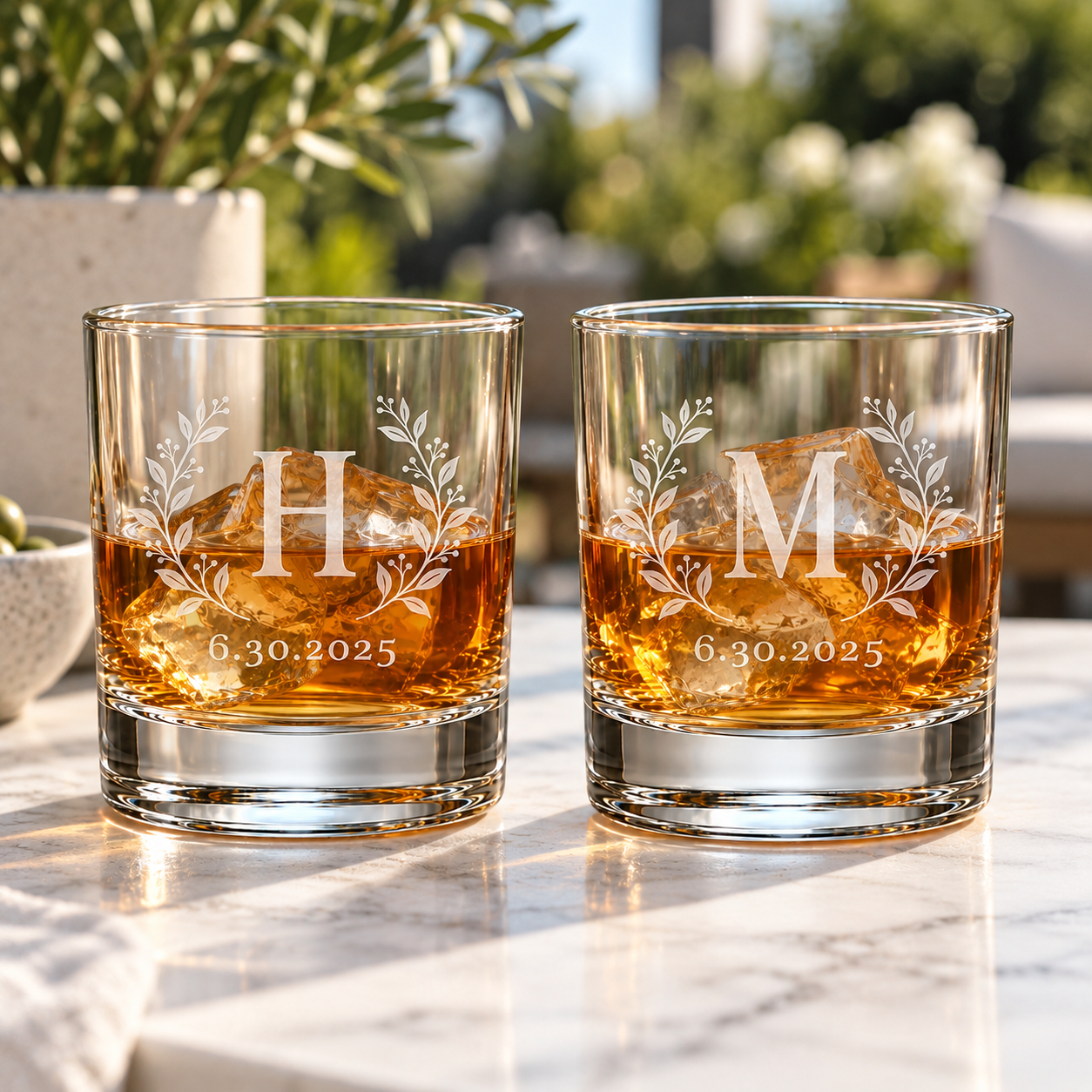 Personalized botanical initial whiskey glasses