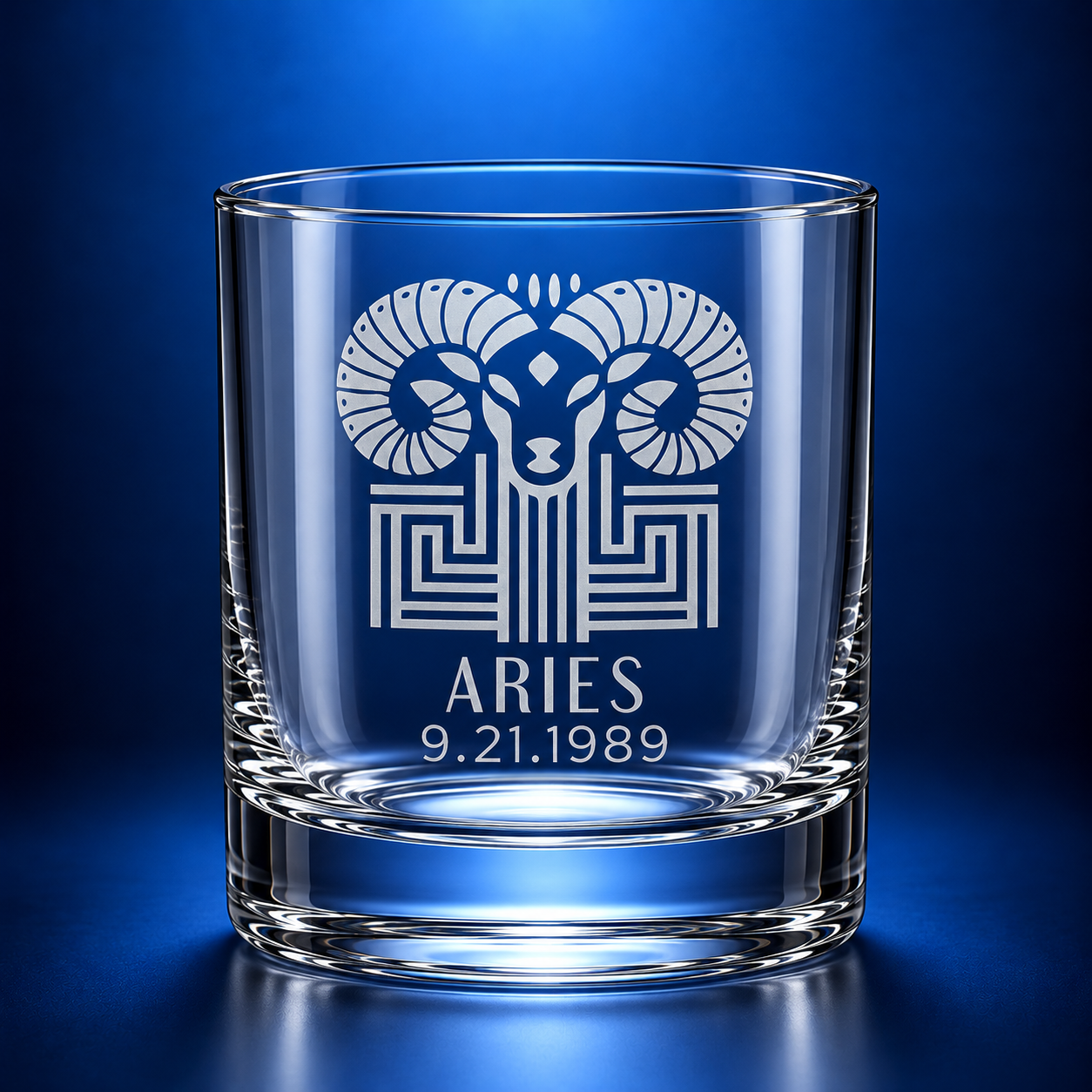 Art Deco Aries Zodiac Whiskey Glass with Optional Date