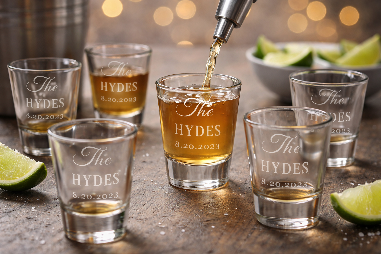 Six shot glasses on a wooden surface, five filled with tequila and one pouring tequila into a glass. Each glass has the text 'The Hydes 8.20.2023' engraved on it. There are lime wedges in the background and on the surface.