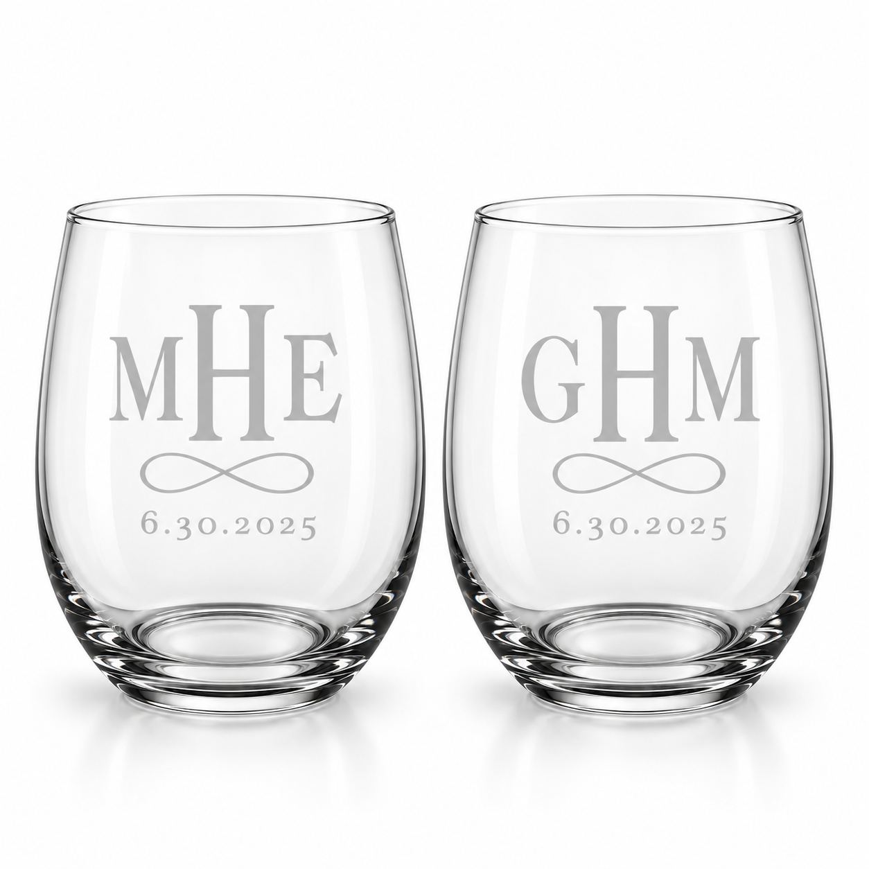 Infinity loop monogram stemless wine glasses with optional date