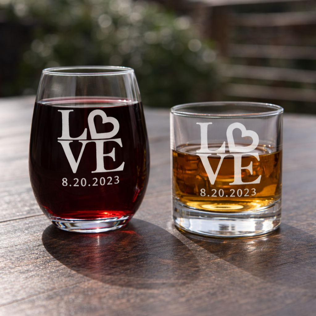 Two glasses, one with red wine and one with whiskey, both engraved with 'LOVE' and the date '8.20.2023', on a wooden table outdoors.