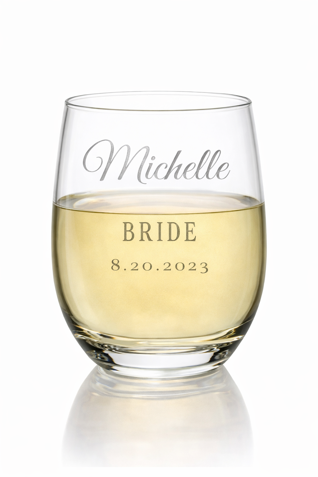 Personalized bridesmaid stemless wine glasses with names Michelle Grace Kim and titles bride maid of honor bridesmaid