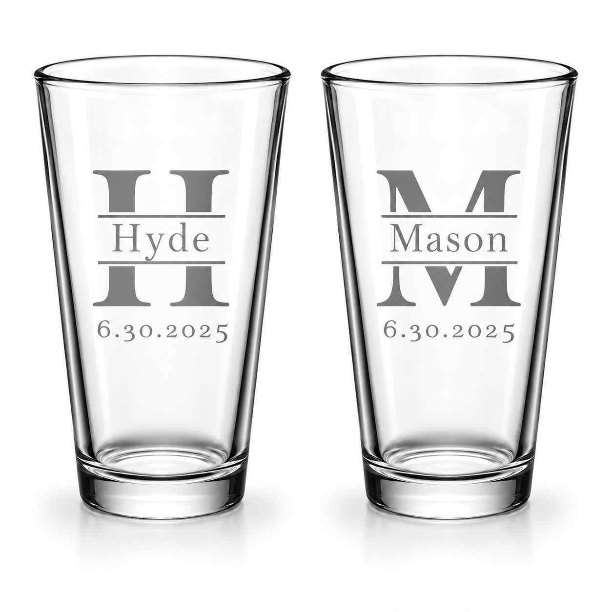 Family Name Initial pint glasses with optional date