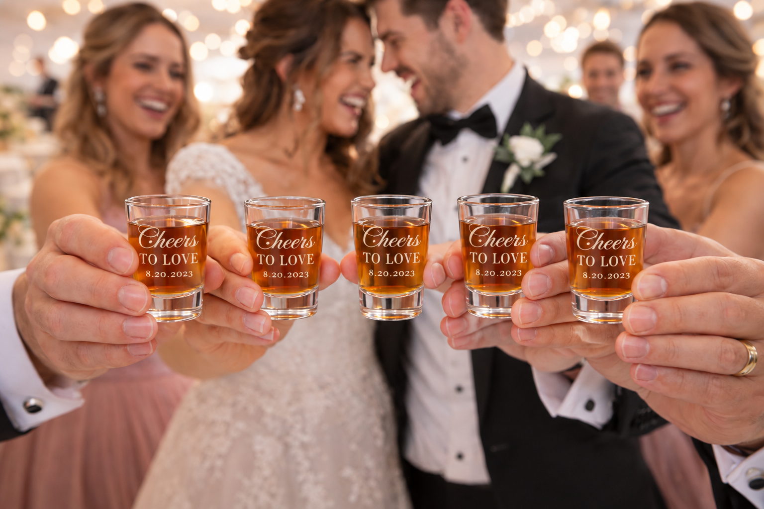 Close-up of five hands holding shot glasses with a toast at a wedding reception. The glasses have a message that reads 'Cheers to Love 8.20.2023'. In the background, a bride and groom are smiling and leaning towards each other, surrounded by two women, at a festive event with warm lighting.