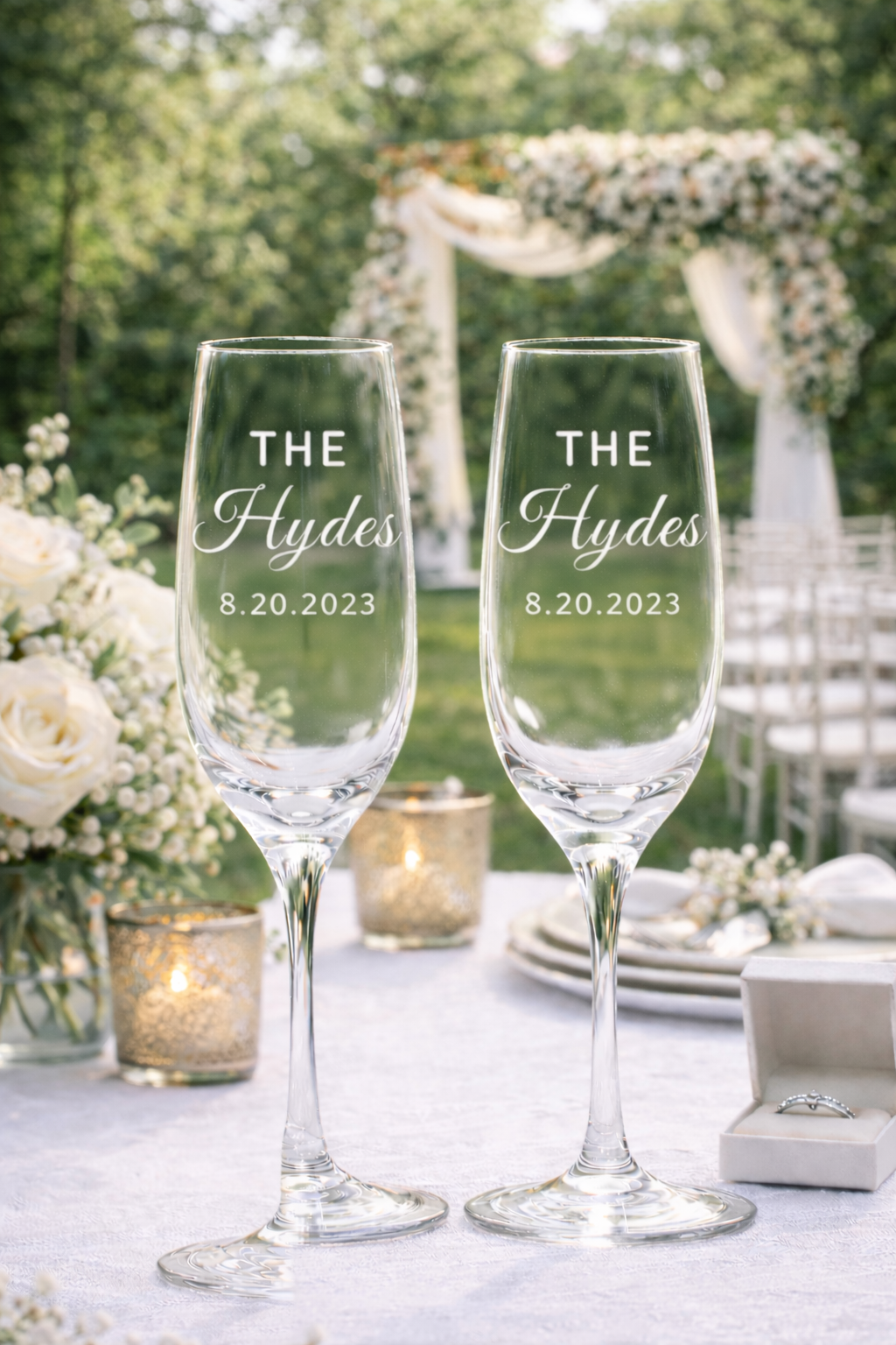 Personalized Last Name Champagne Flute Set with Date