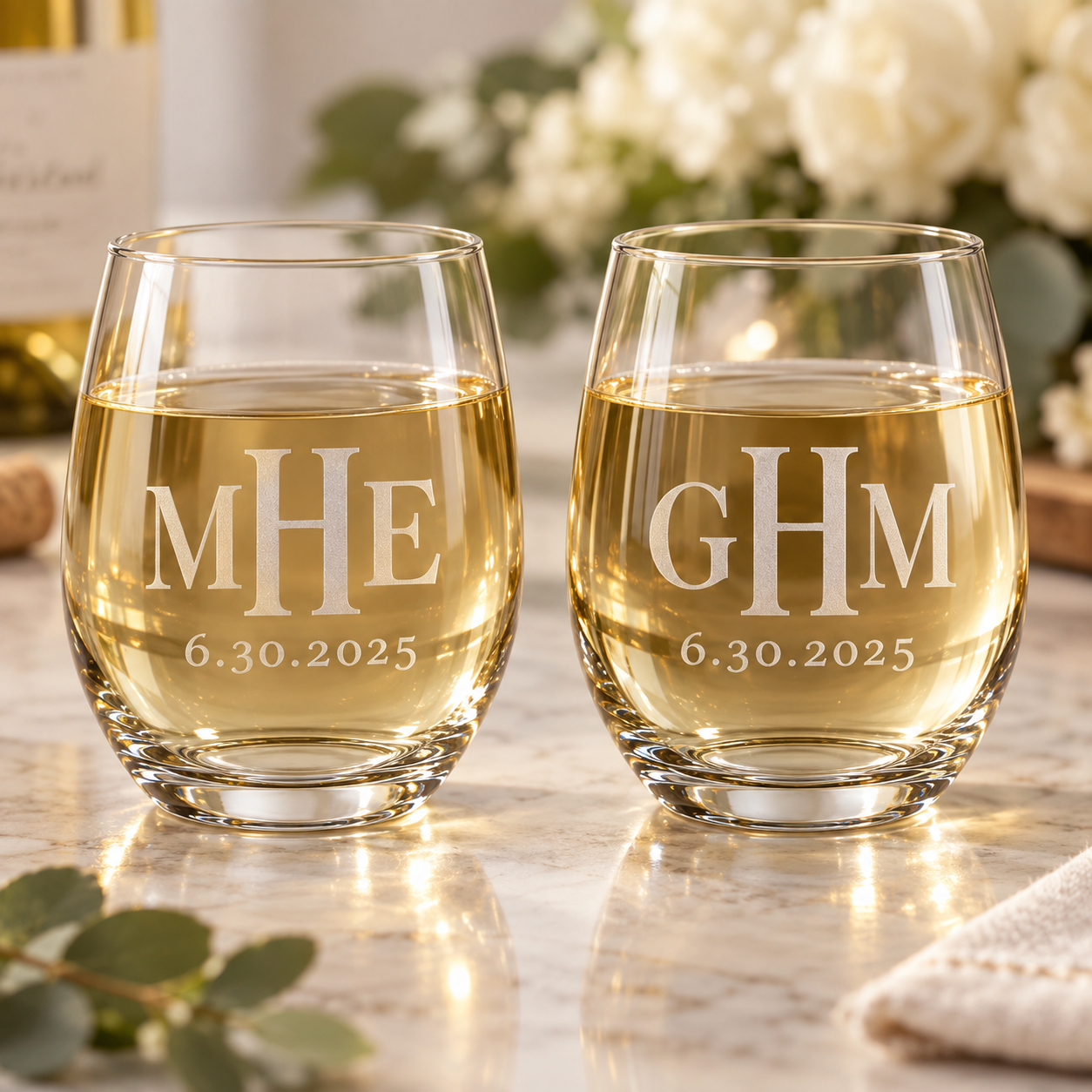 Personalized monogram initial stemless wine glasses