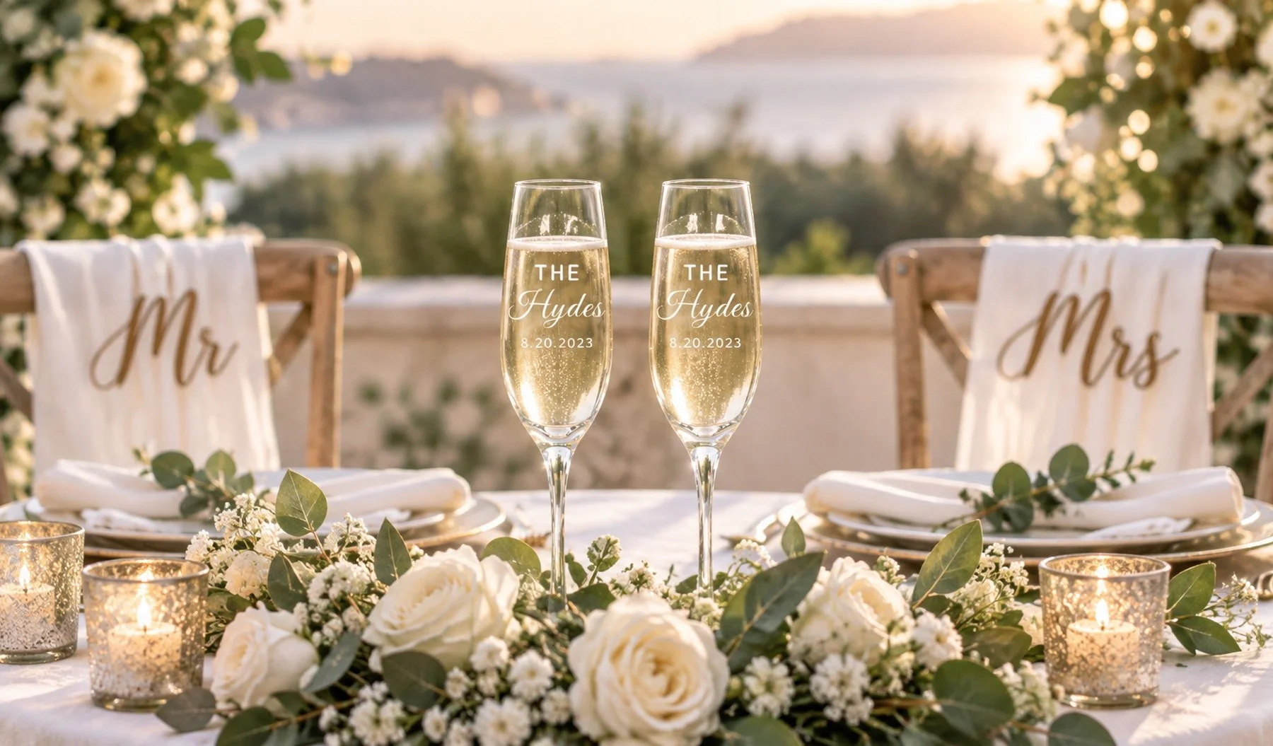 Wedding reception table decorated with white roses, greenery, candles, and champagne glasses engraved with 'The Hydes, 8.20.2023.' Two wooden chairs with white fabric sashes labeled 'Mrs.' and 'Mr.' and a scenic outdoor landscape in the background.