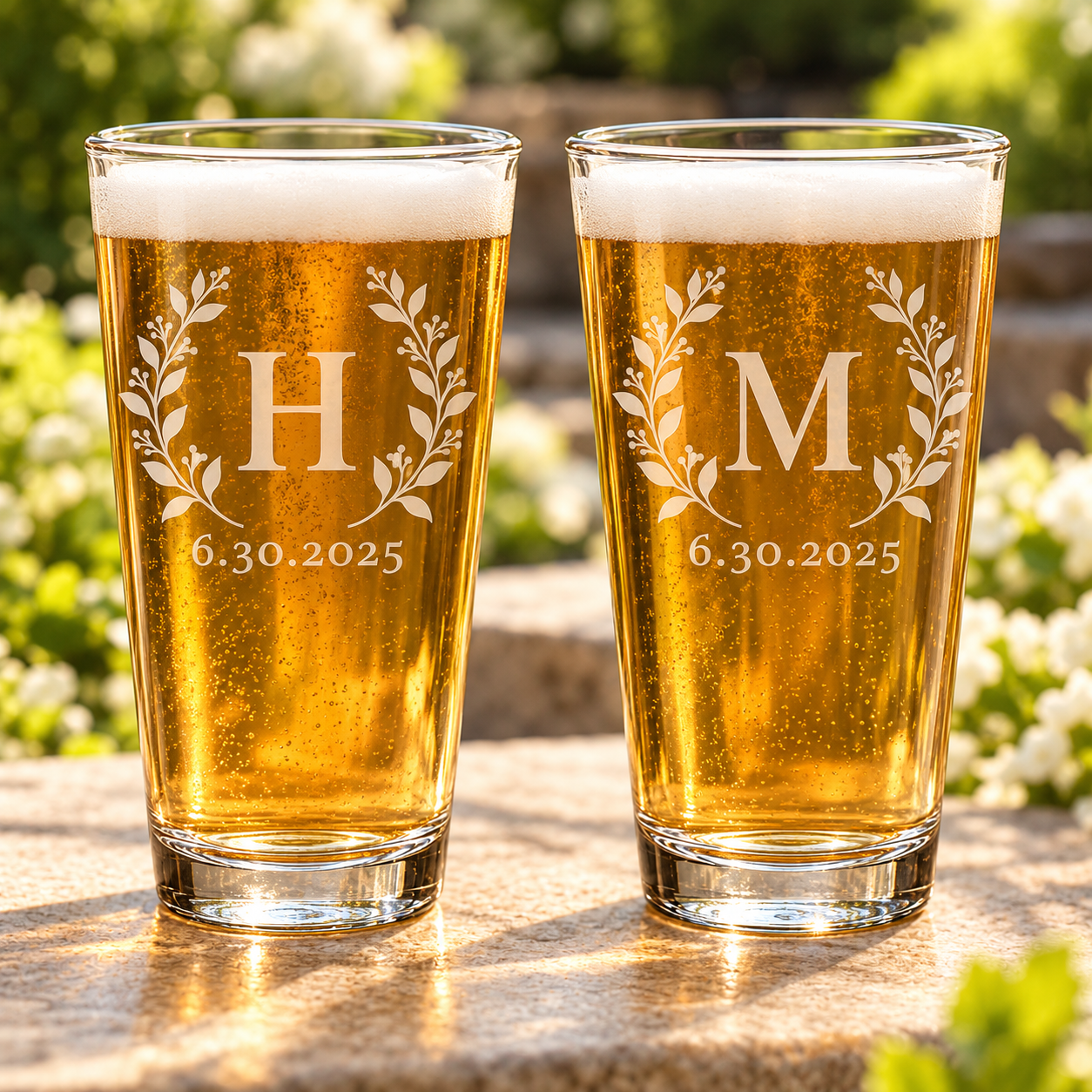 Personalized botanical initial pint glasses