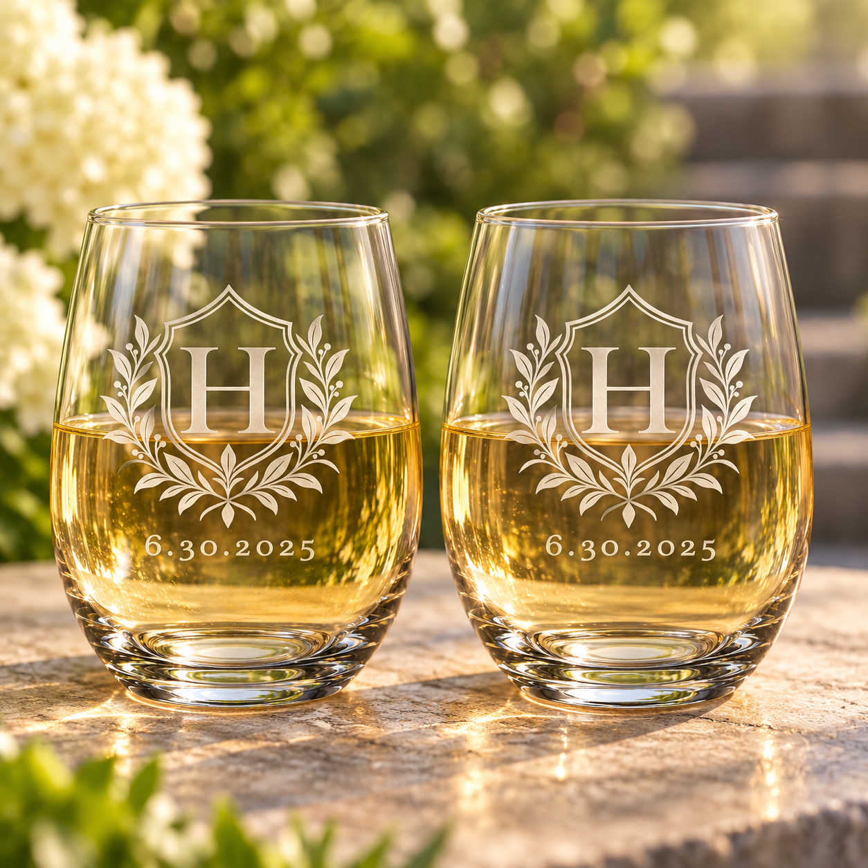 Personalized vintage crest stemless wine glasses