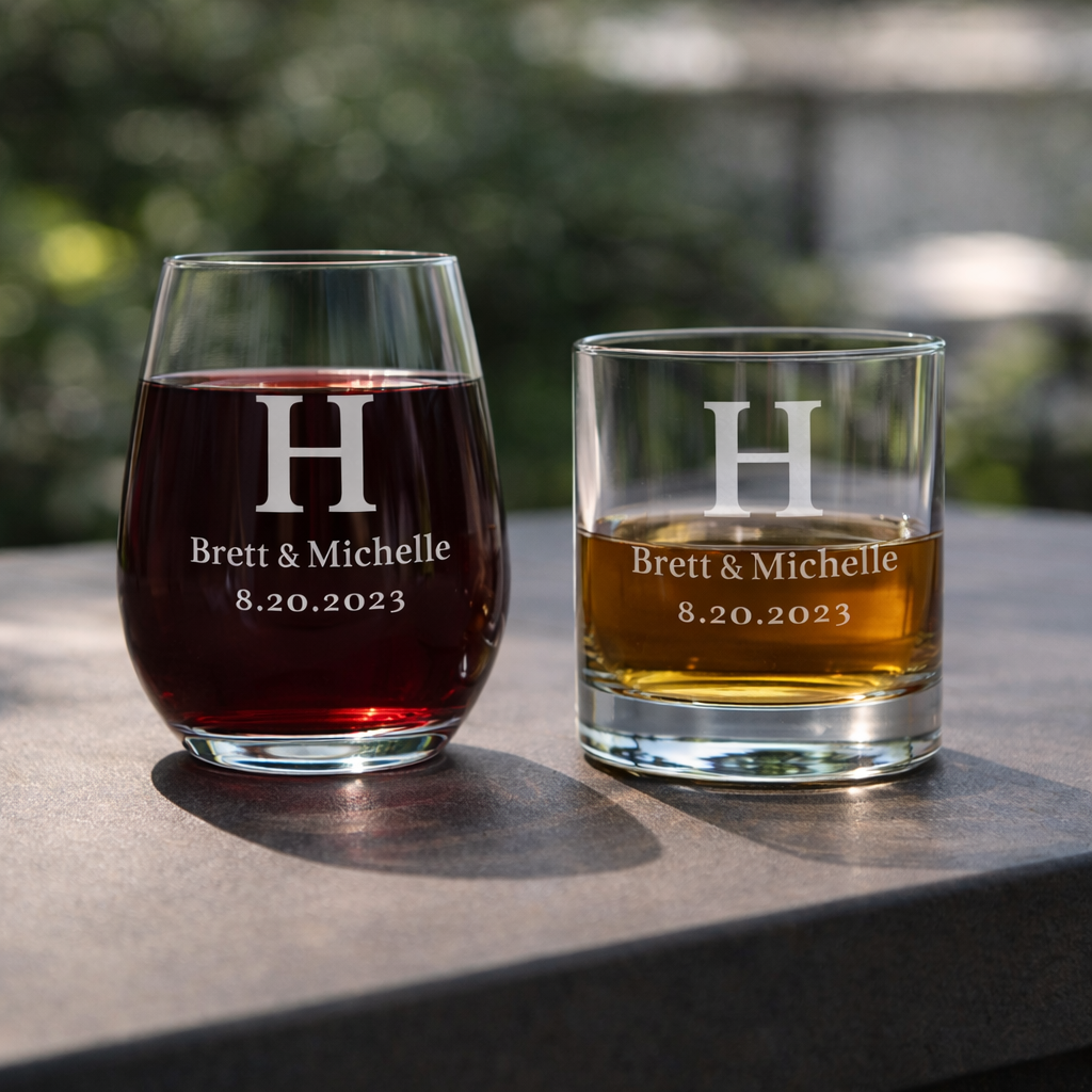 Personalized Monogram Glassware Set with Names & Date