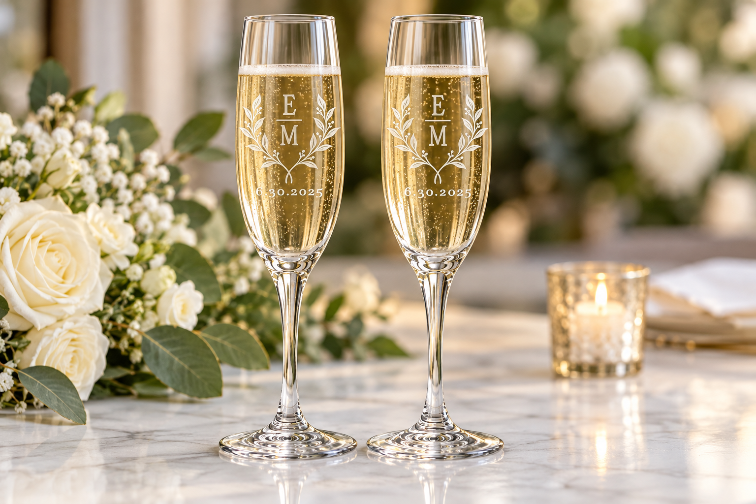 Two personalized wedding champagne flutes filled with sparkling wine, featuring stacked initials, botanical wreaths, and wedding date on an elegant wedding table.