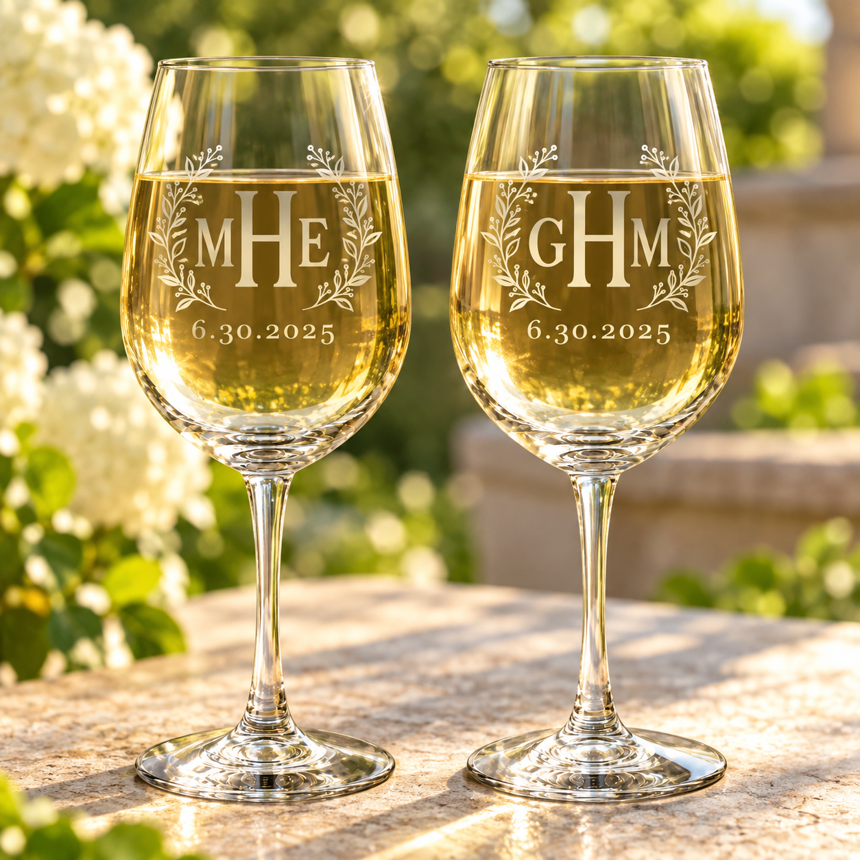 Personalized Botanical Wreath Monogram Wine Glasses