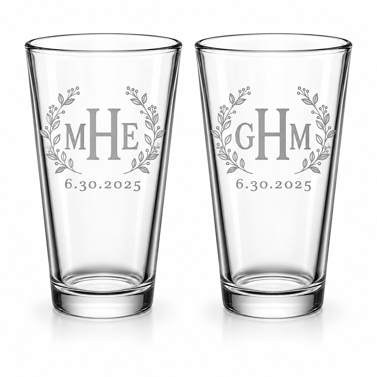 Botanical Wreath Monogram pint glasses with optional date