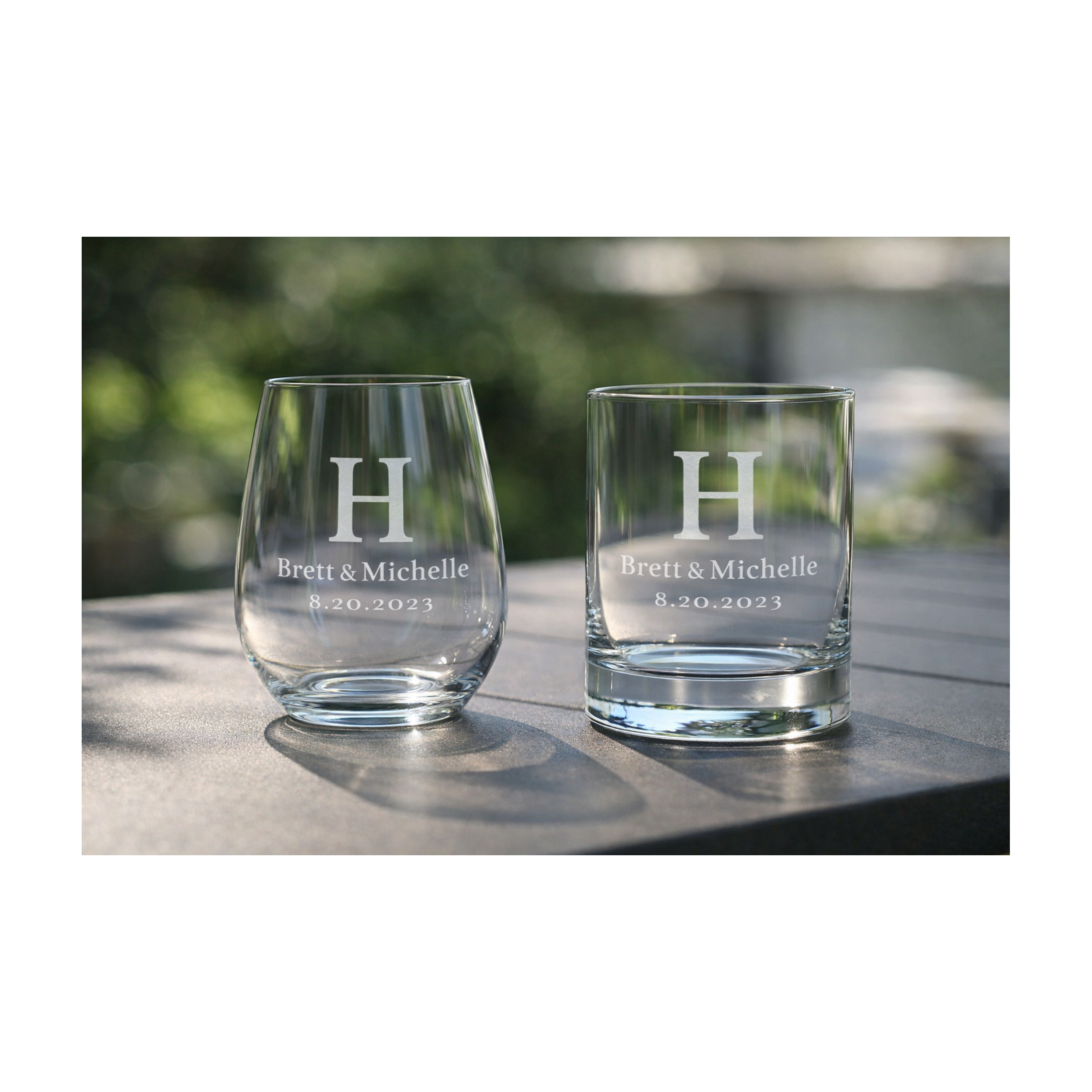 Personalized monogram stemless wine and rocks glass with initial, names , and wedding date engraving