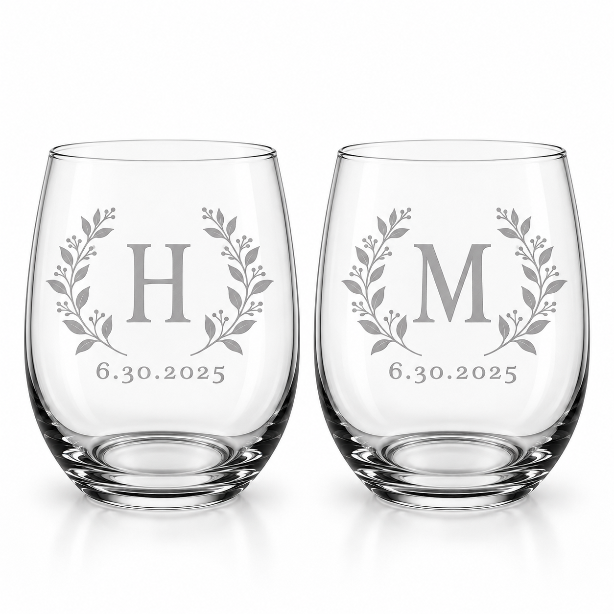 Botanical initial stemless wine glasses with optional date
