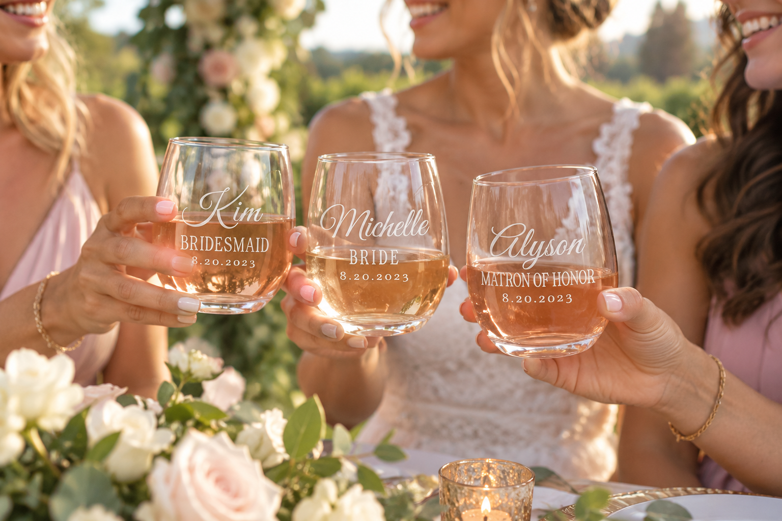 Three women at a wedding celebration holding personalized wine glasses with their names and the wedding date, 8.20.2023.