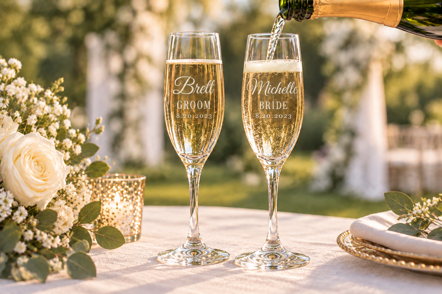 Champagne glasses with personalized etchings for a wedding, one labeled 'Groom Brett 8.20.2023' and the other 'Bride Michelle 8.20.2023', outdoors with a floral and candle centerpiece