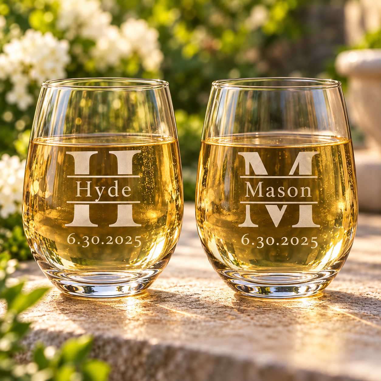 Personalized Family Name Initial stemless wine glasses