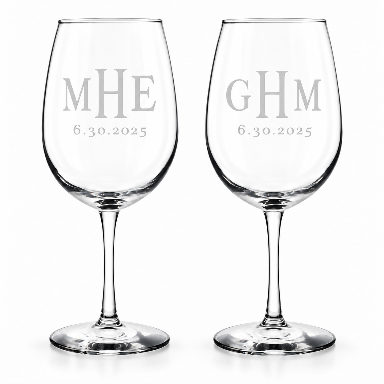 Classic monogram wine glasses with optional date