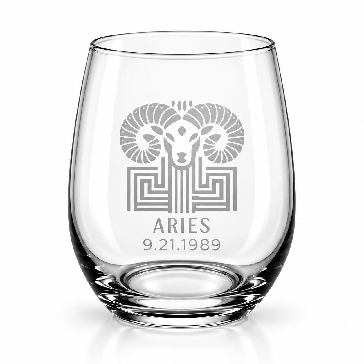 Personalized Art Deco Aries Stemless Wine Glass with date .png
