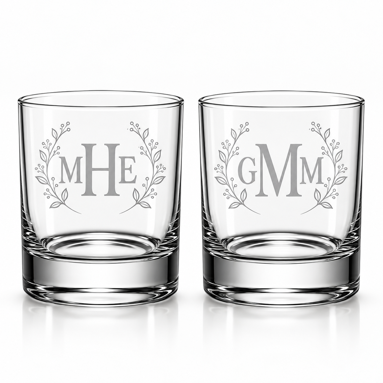 Botanical Wreath Monogram Whiskey Glass Set
