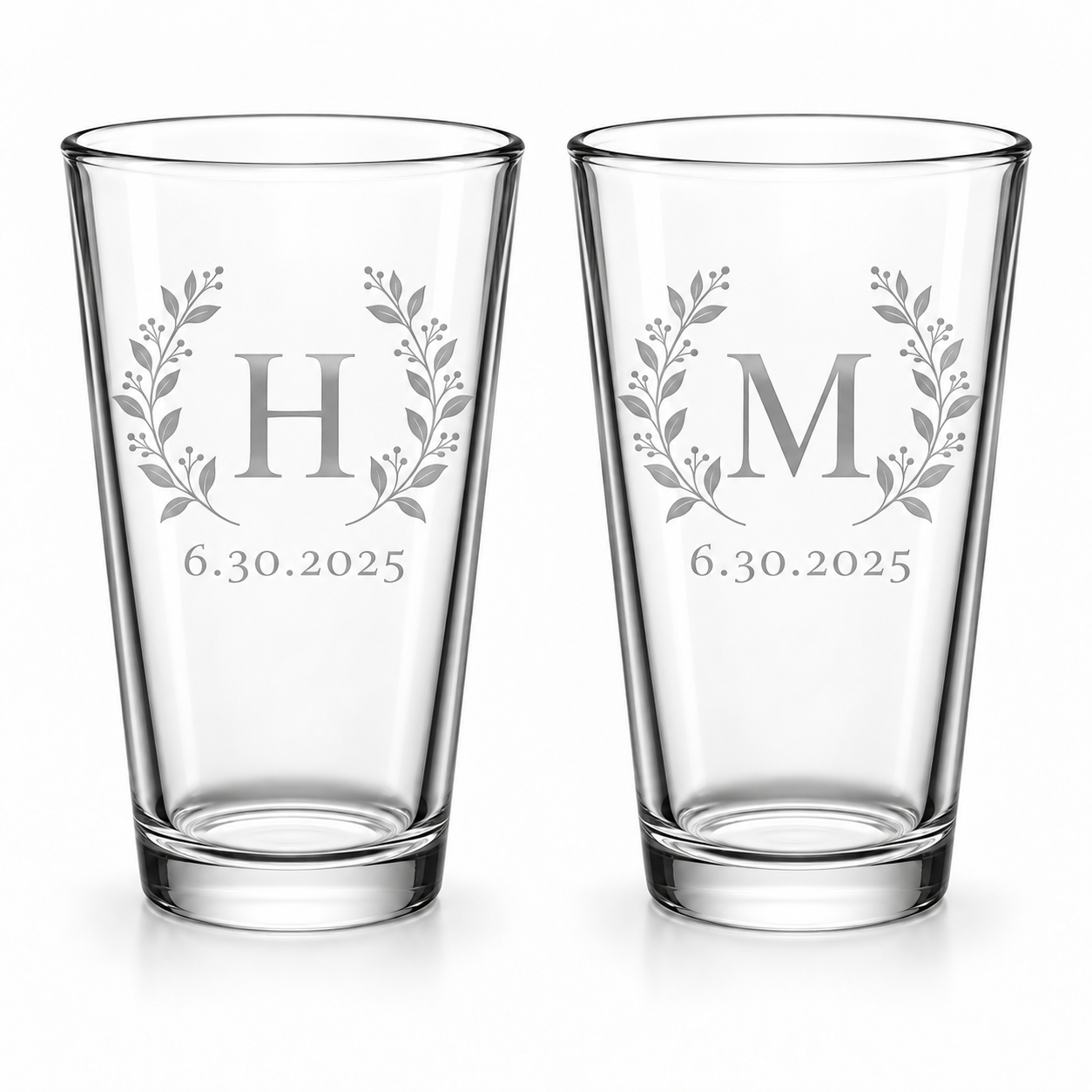 Botanical initial pint glasses with optional date