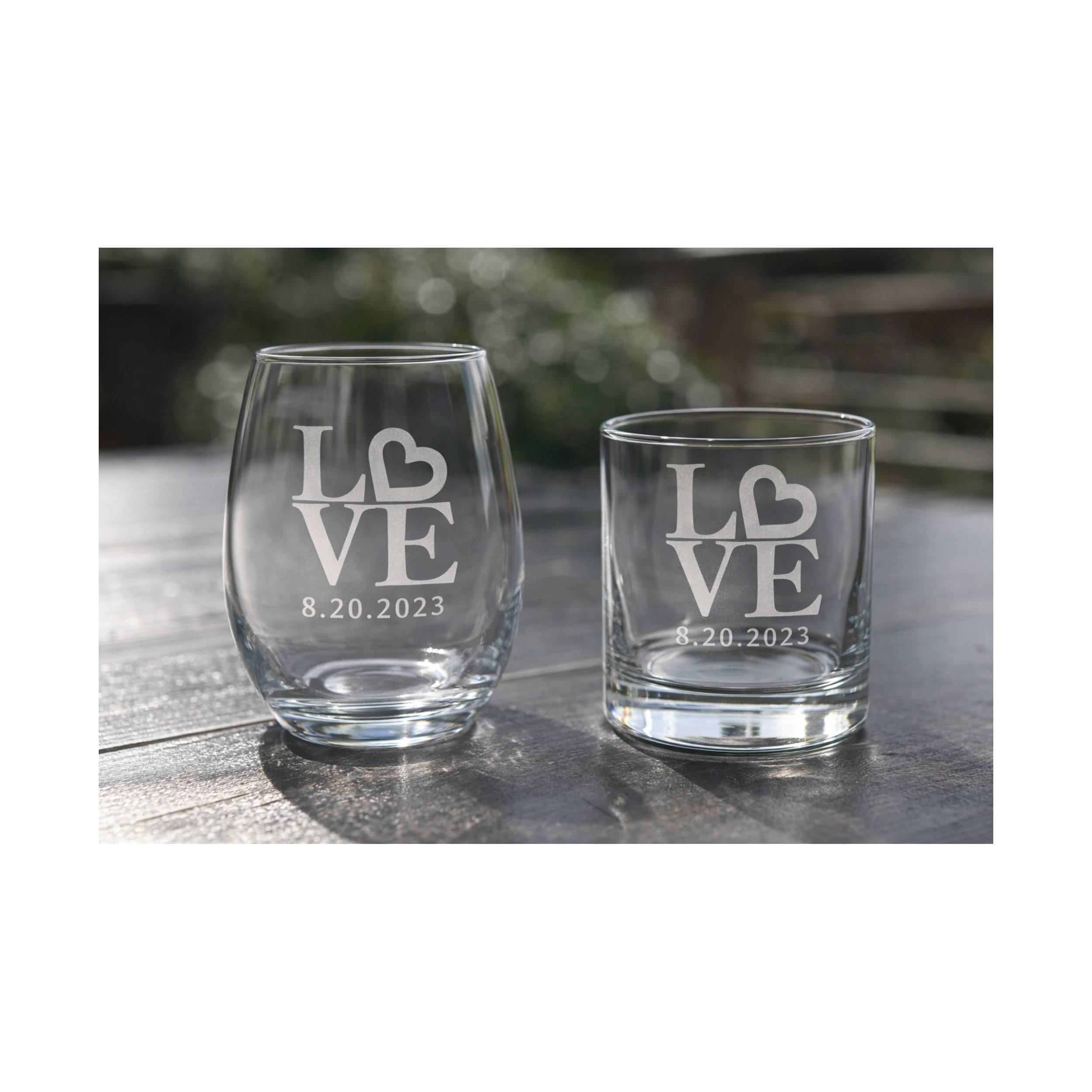 Personalized LOVE stemless wine and rocks glass with heart design and wedding date engraving