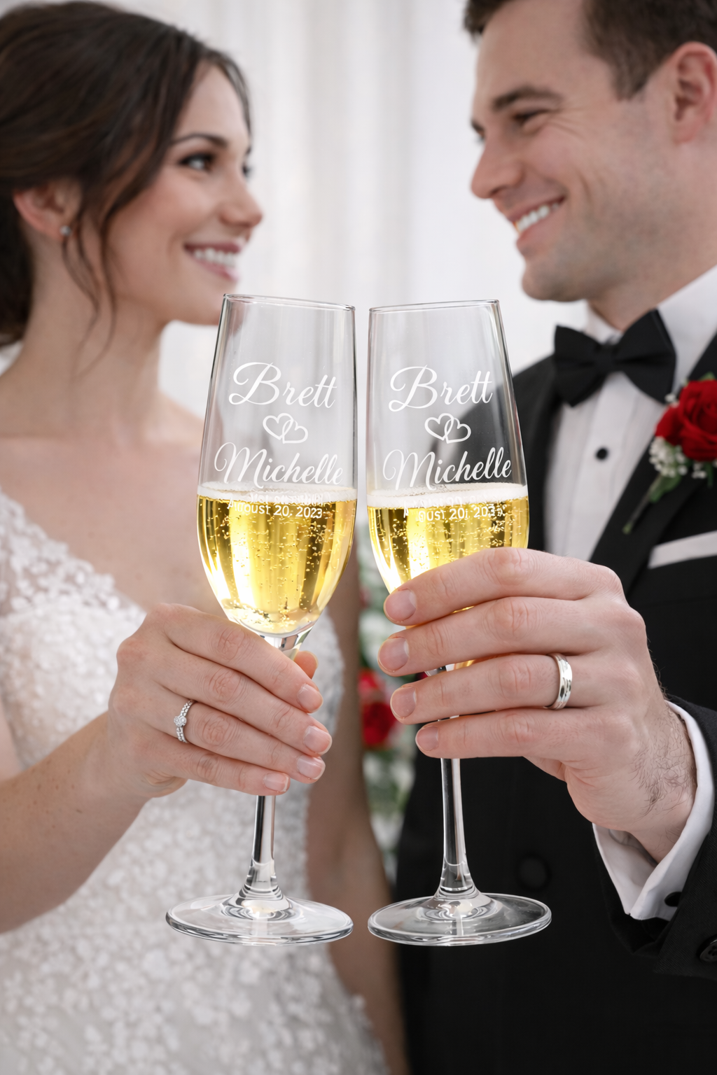 Personalized Champagne Flute Set with Names & Hearts