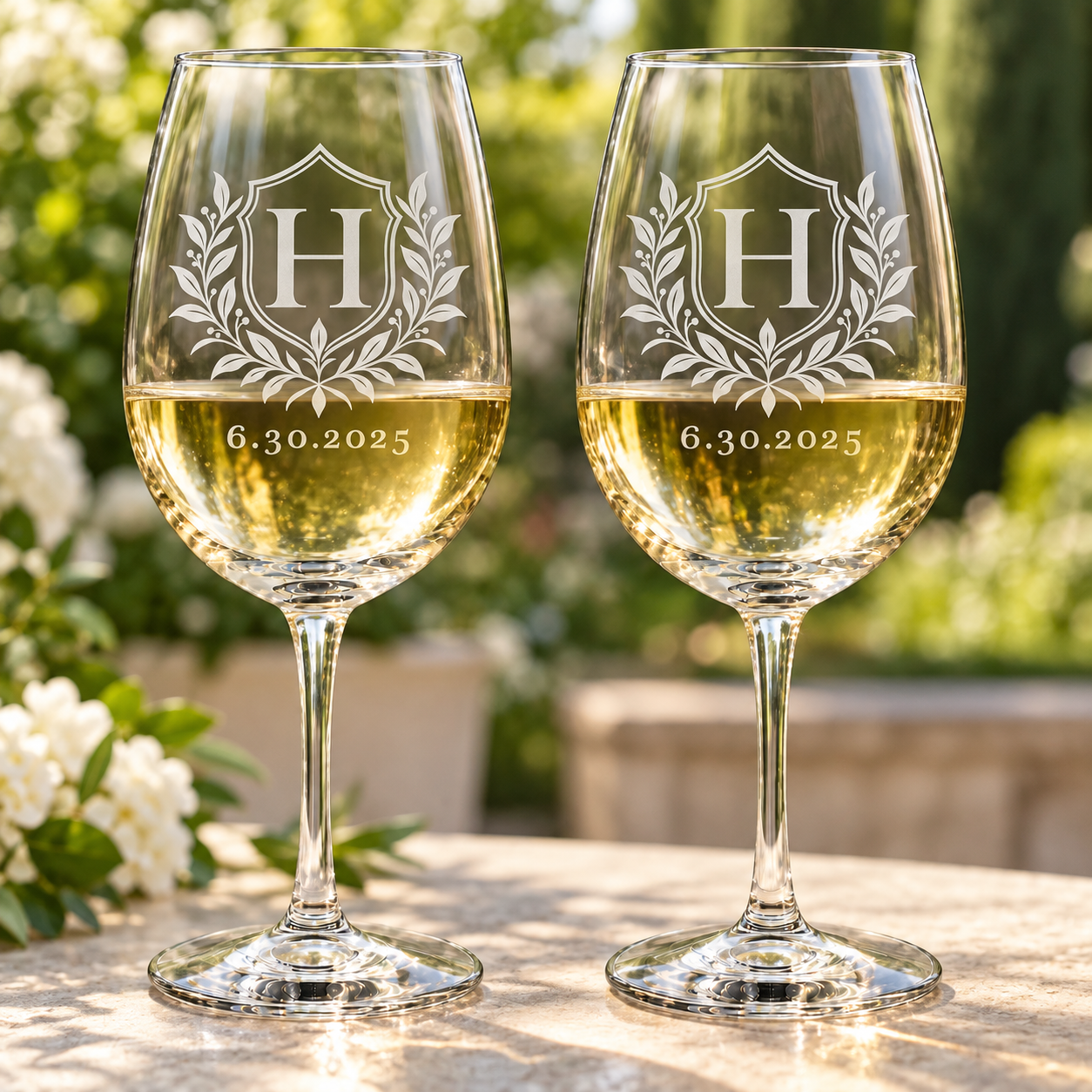 Personalized vintage crest wine glasses