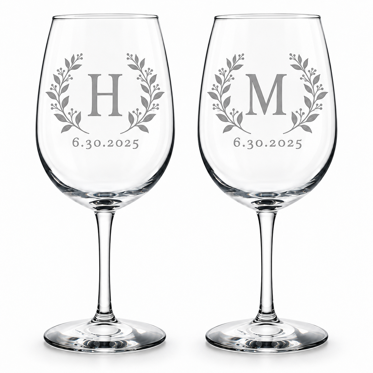 Botanical initial wine glasses with optional date