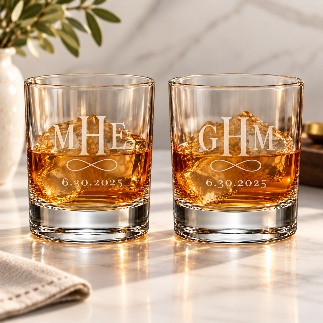 Personalized infinity loop whiskey glasses