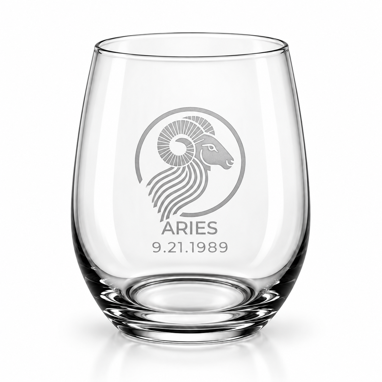 Modern Aries Zodiac Stemless Wine Glass with Optional Date