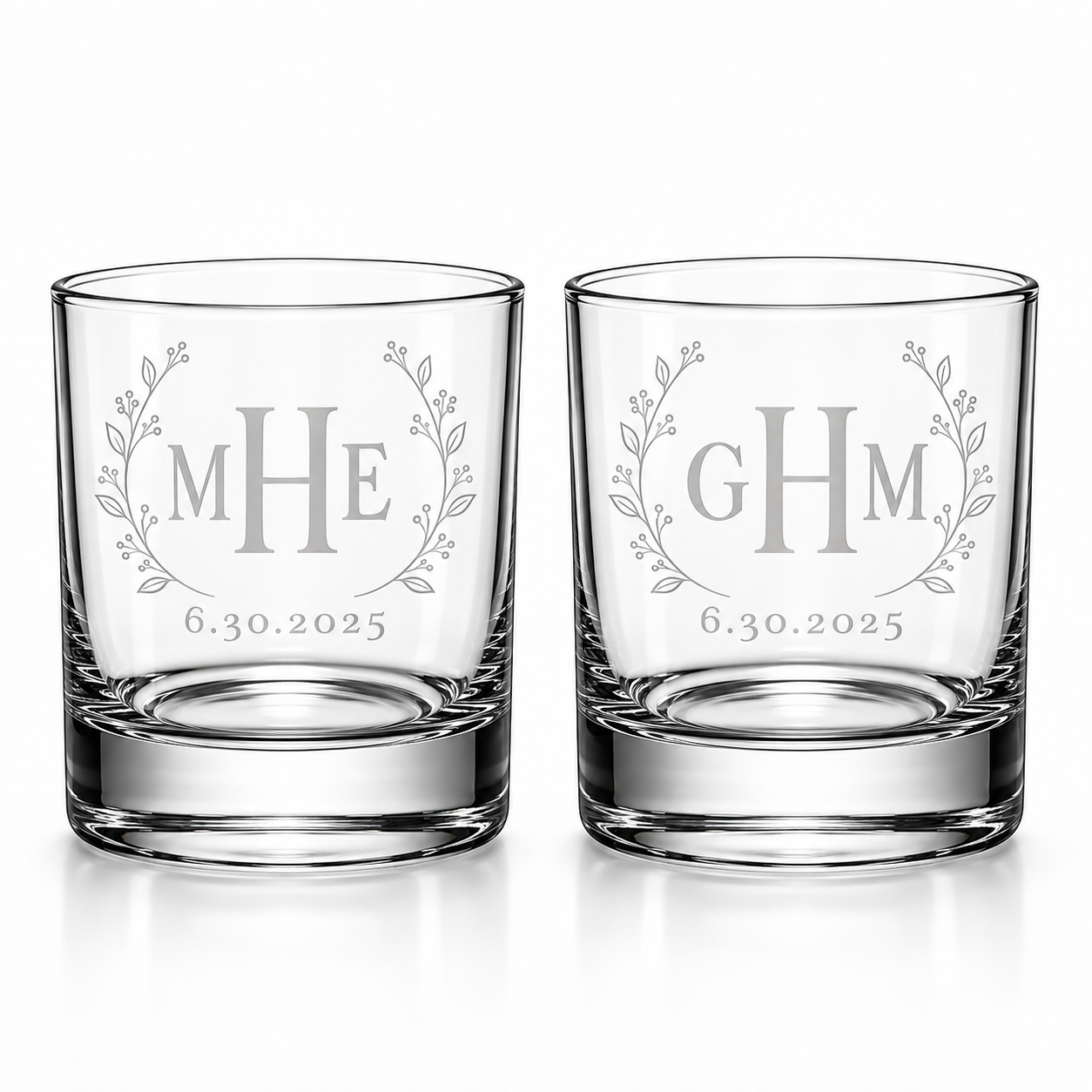Botanical wreath monogram whiskey glasses with optional date