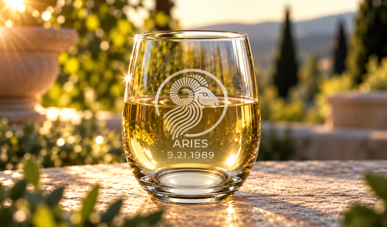 Personalized Modern Aries Zodiac Stemless Wine Glass
