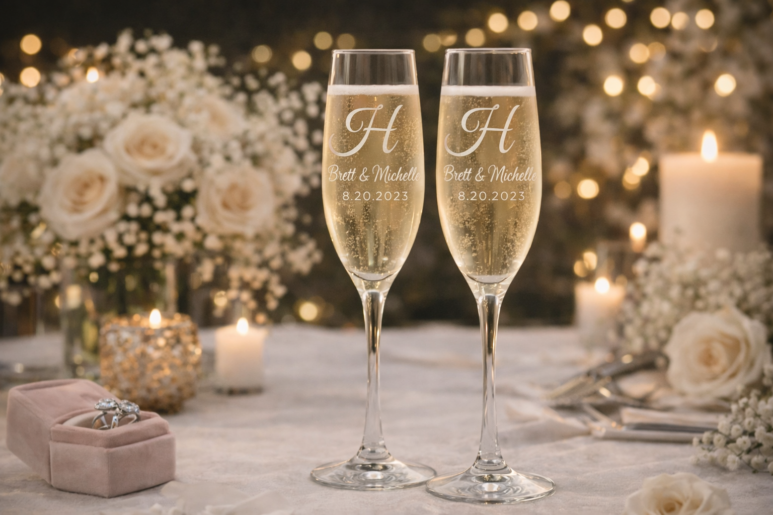 Personalized Monogram Champagne Flute Set with Names & Date