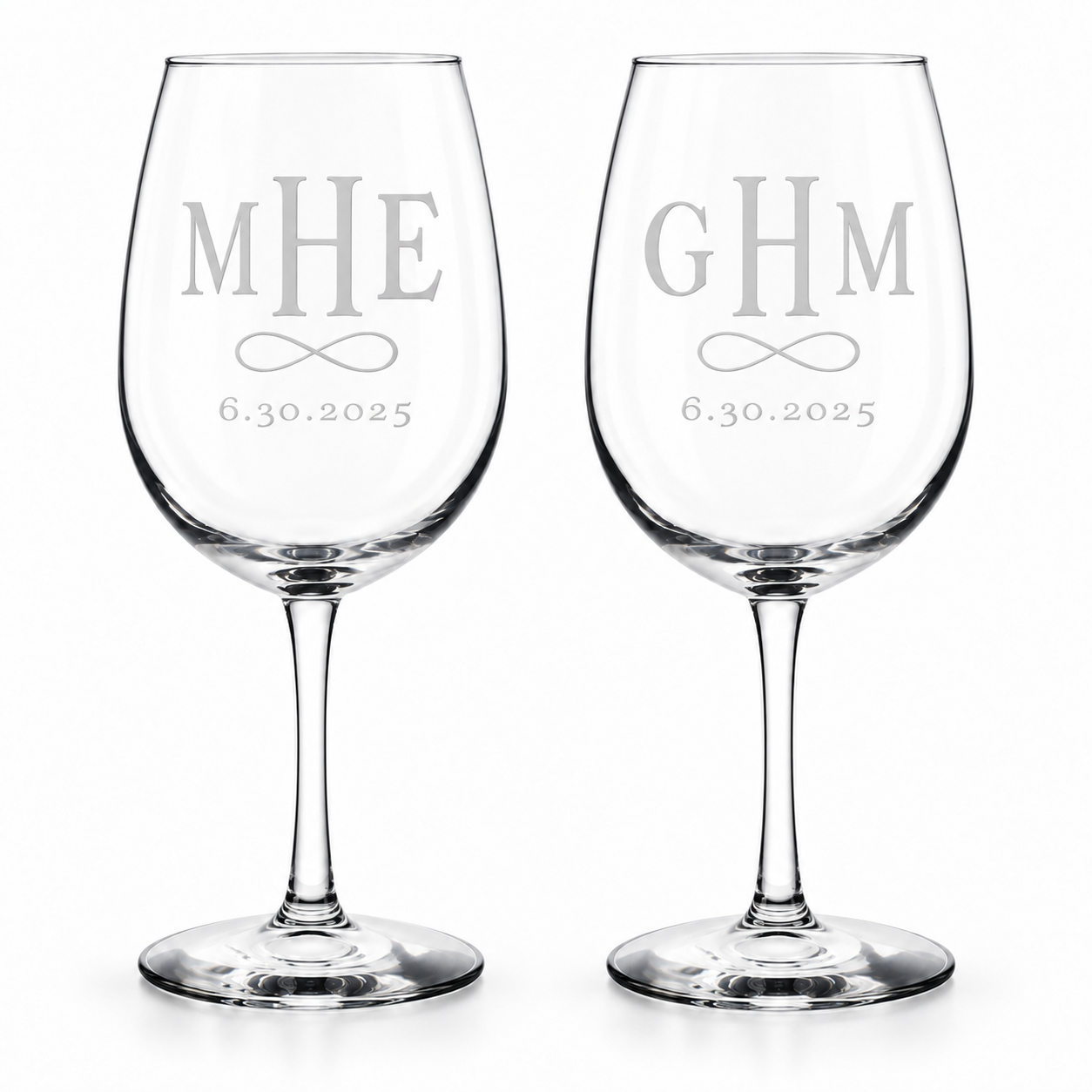 Infinity loop monogram wine glasses with optional date