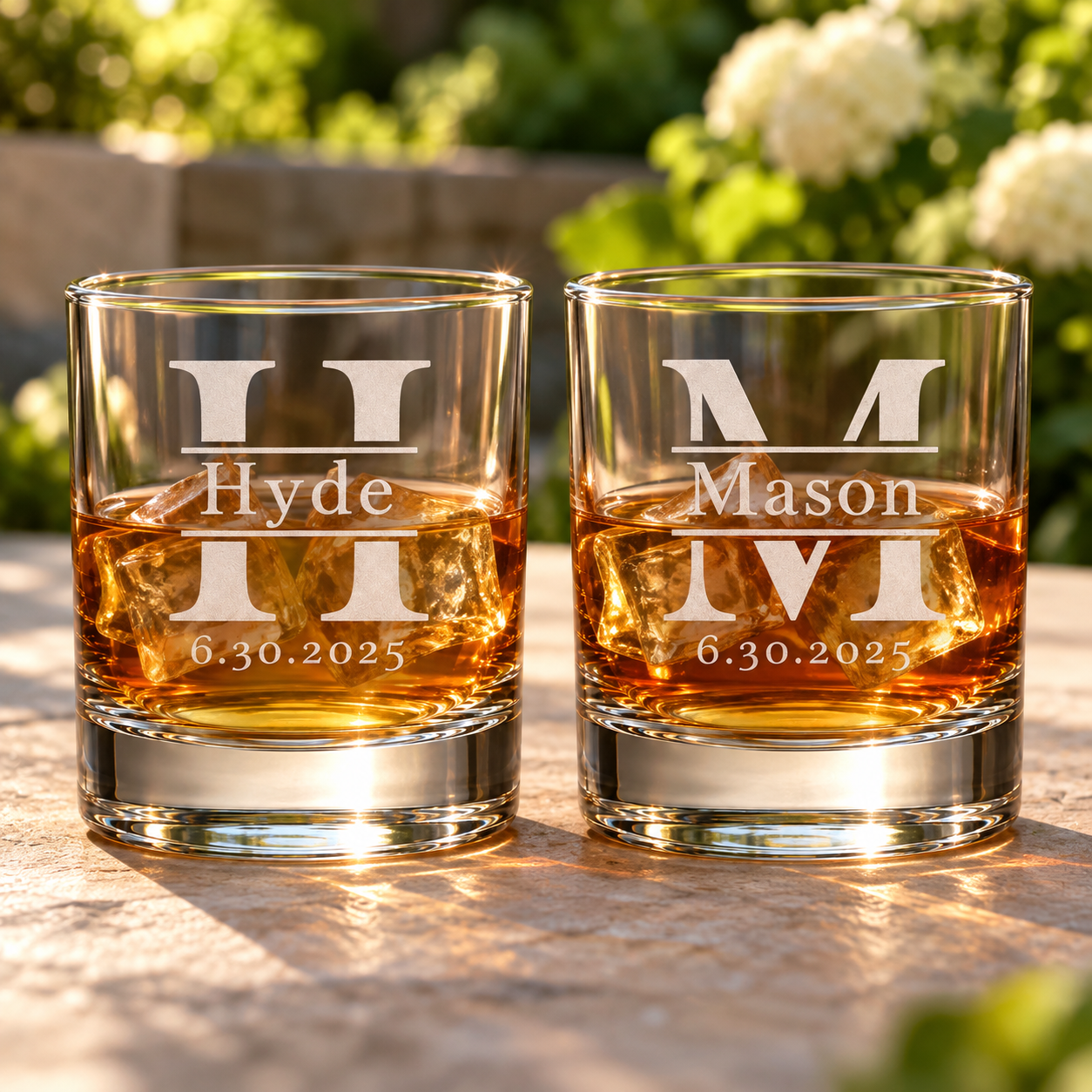 Personalized whiskey glasses with name, initial and date