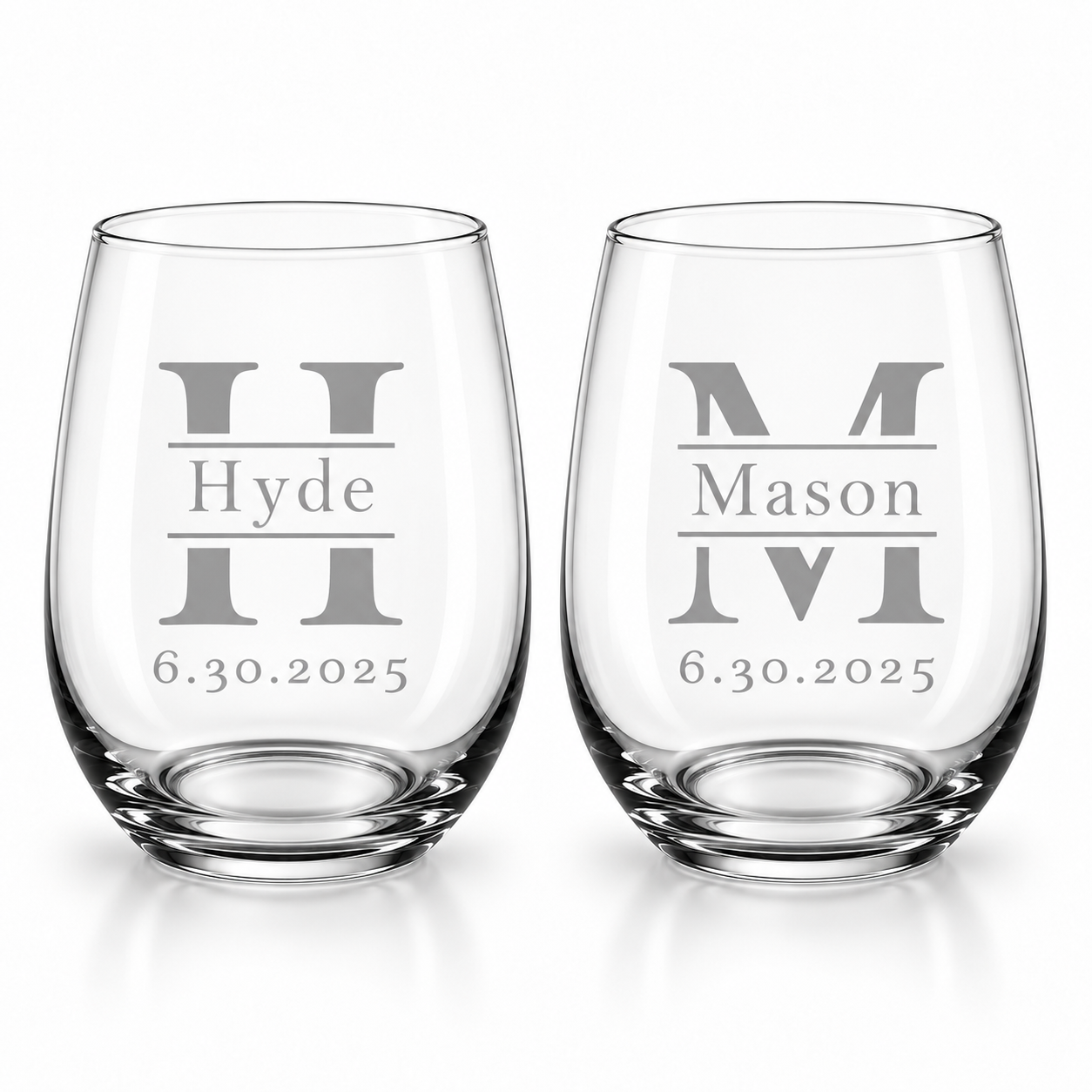 Family Name Initial stemless wine glasses with optional date