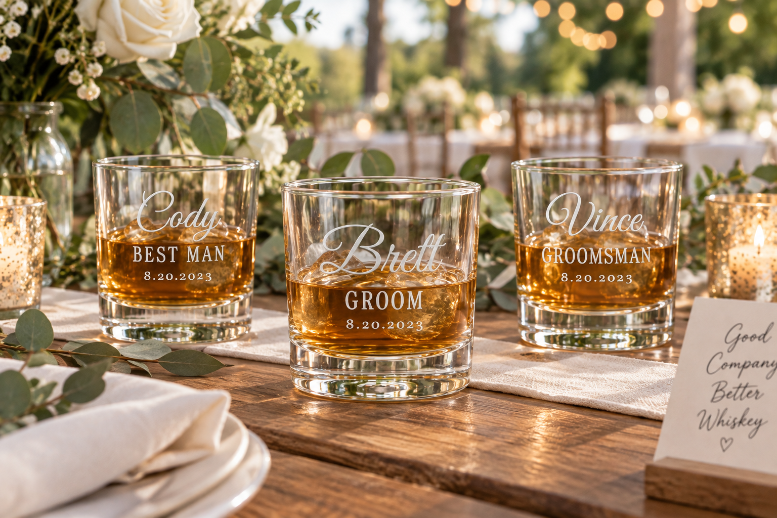 Three glasses with whiskey engraved with names and titles, celebrating a wedding on 8.20.2023, on a decorated outdoor table with greenery and candles.