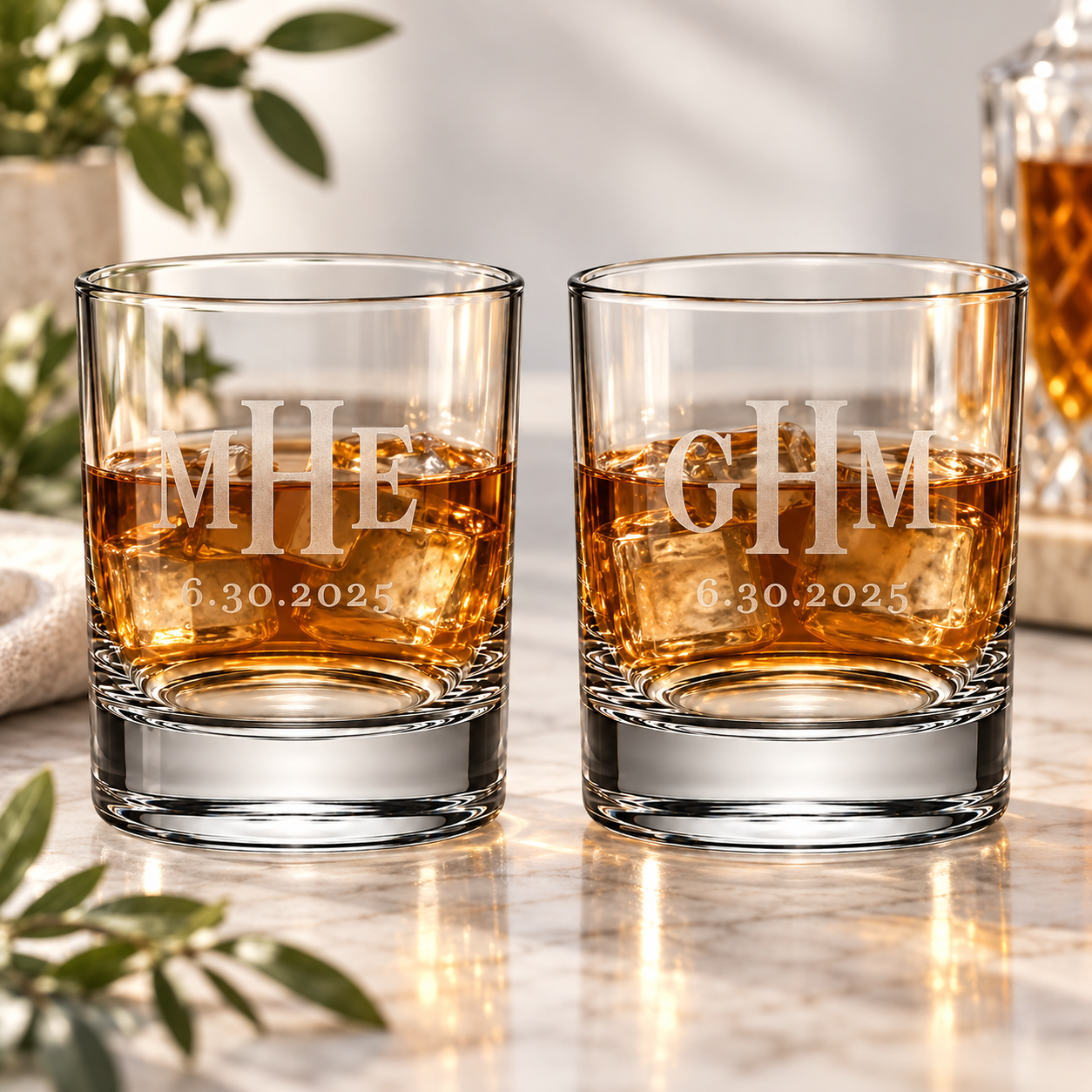 Personalized monogram initial whiskey glasses