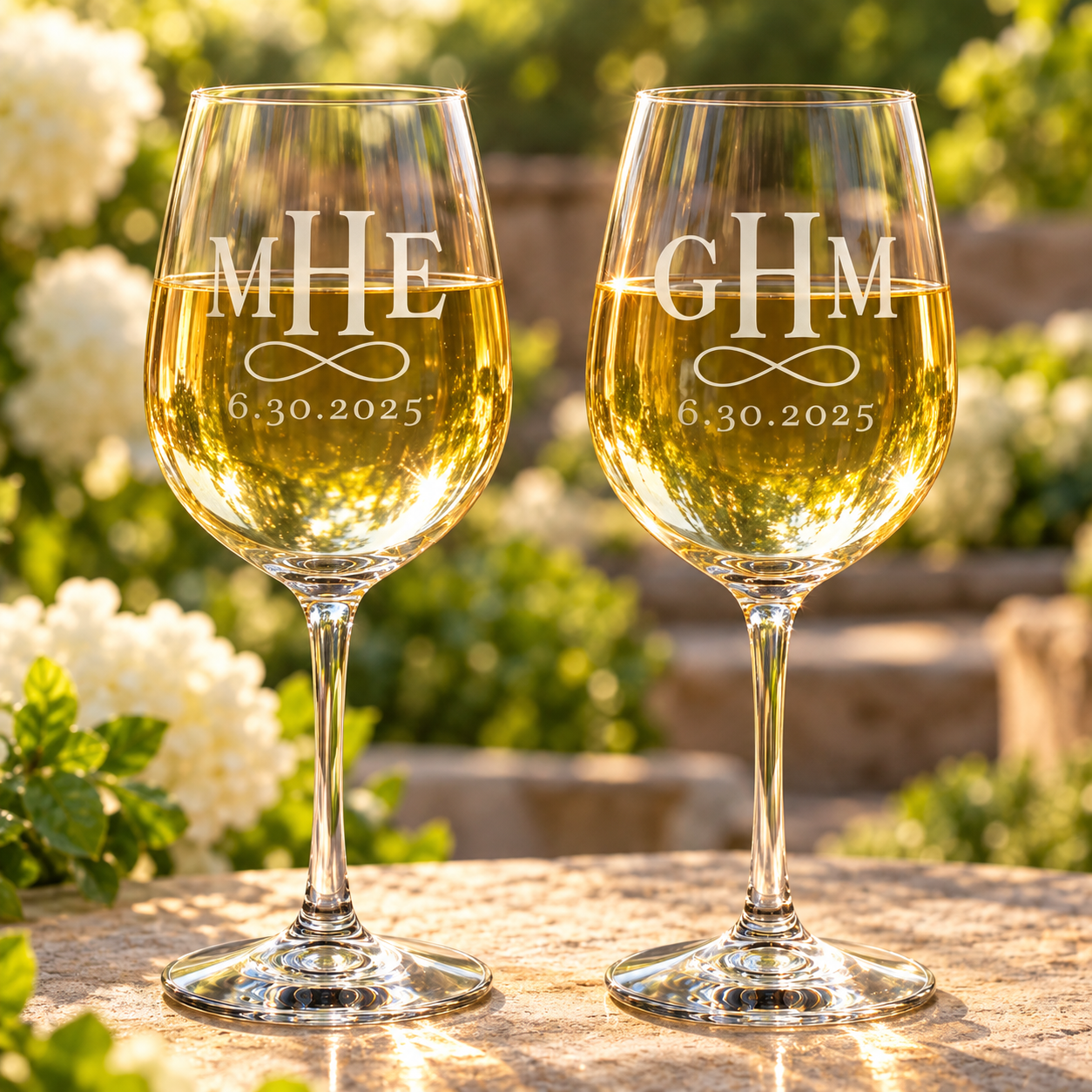 Personalized infinity loop wine glasses