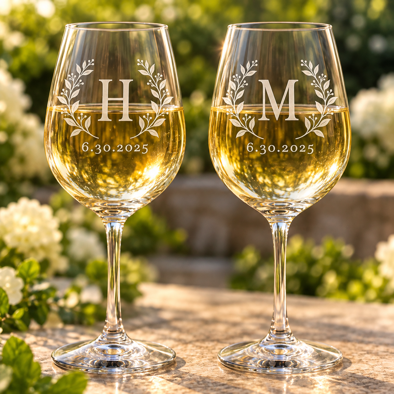 Personalized botanical initial wine glasses