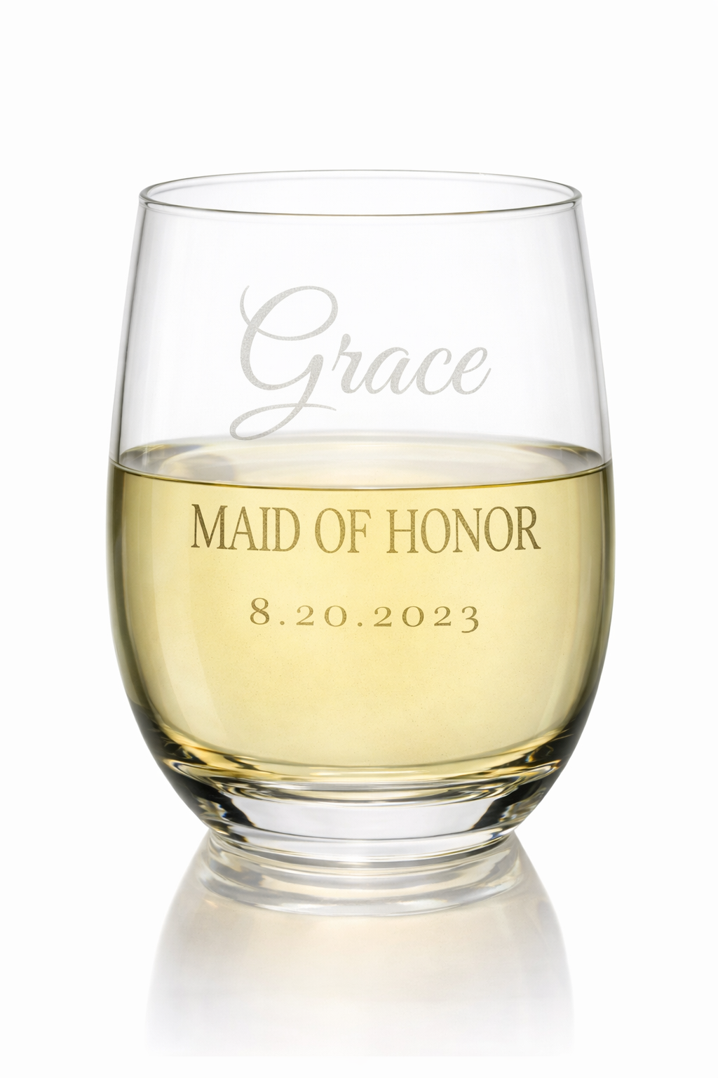 Personalized bridesmaid stemless wine glasses with names Michelle Grace Kim and titles bride maid of honor bridesmaid