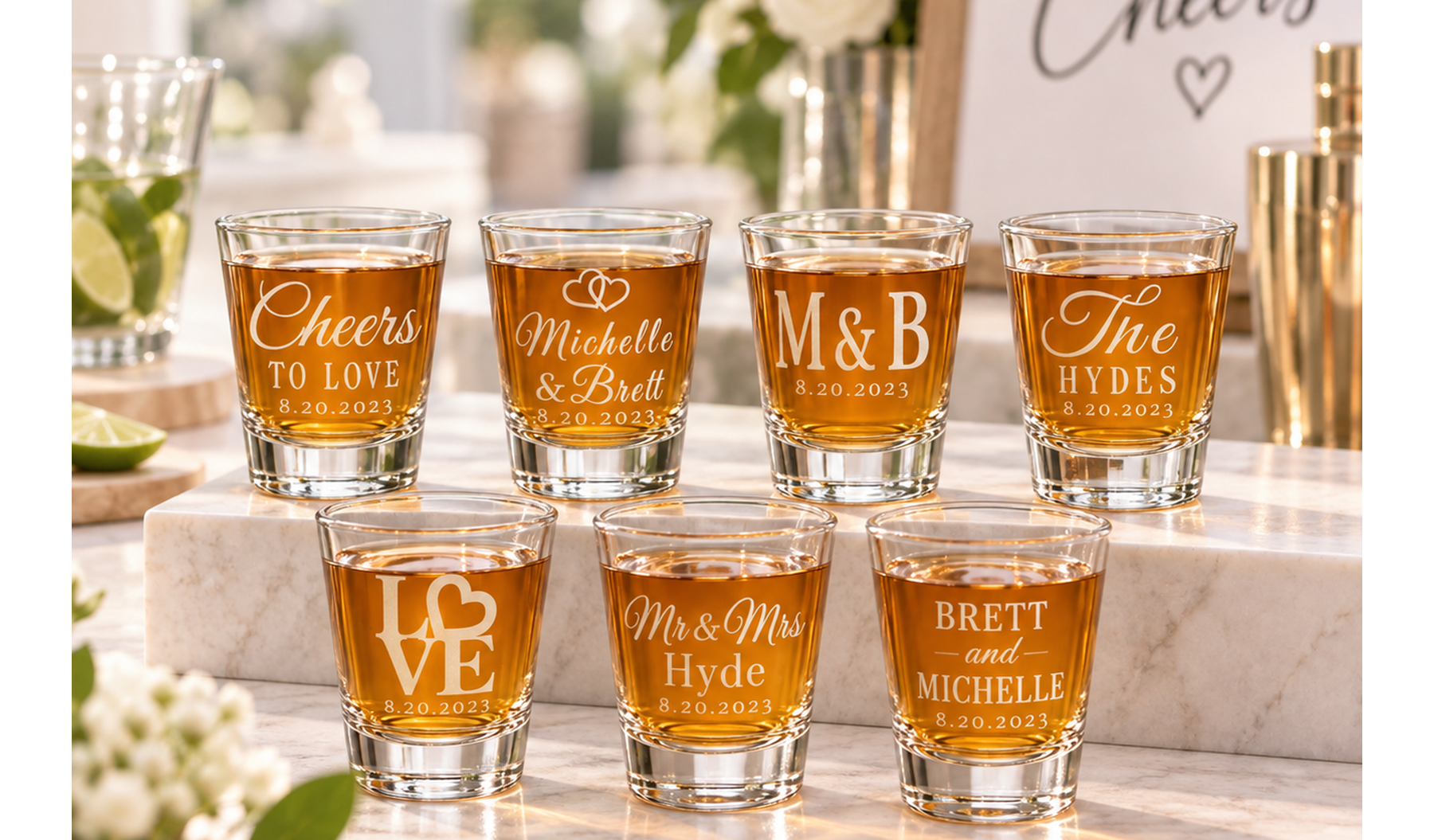 Six glasses of amber-colored beverage with personalized white text for a wedding, displaying names, date, and messages, arranged on a marble surface at an outdoor celebration.