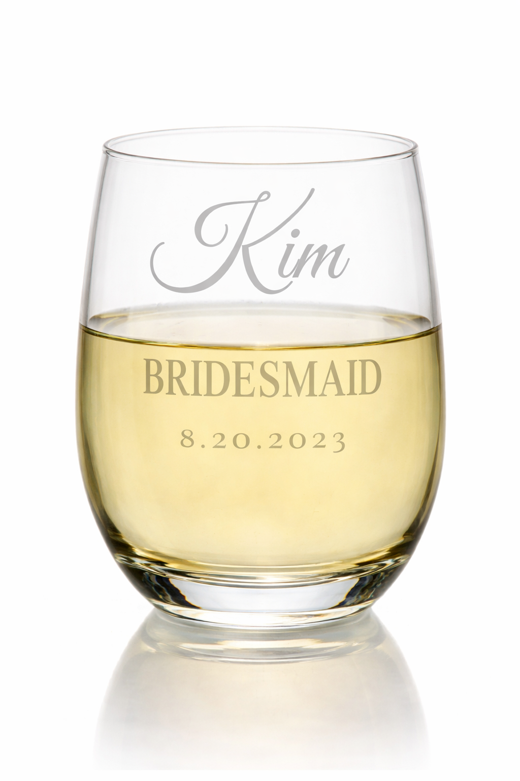 Personalized Bridesmaid Stemless Wine Glasses with Name, Title & Date